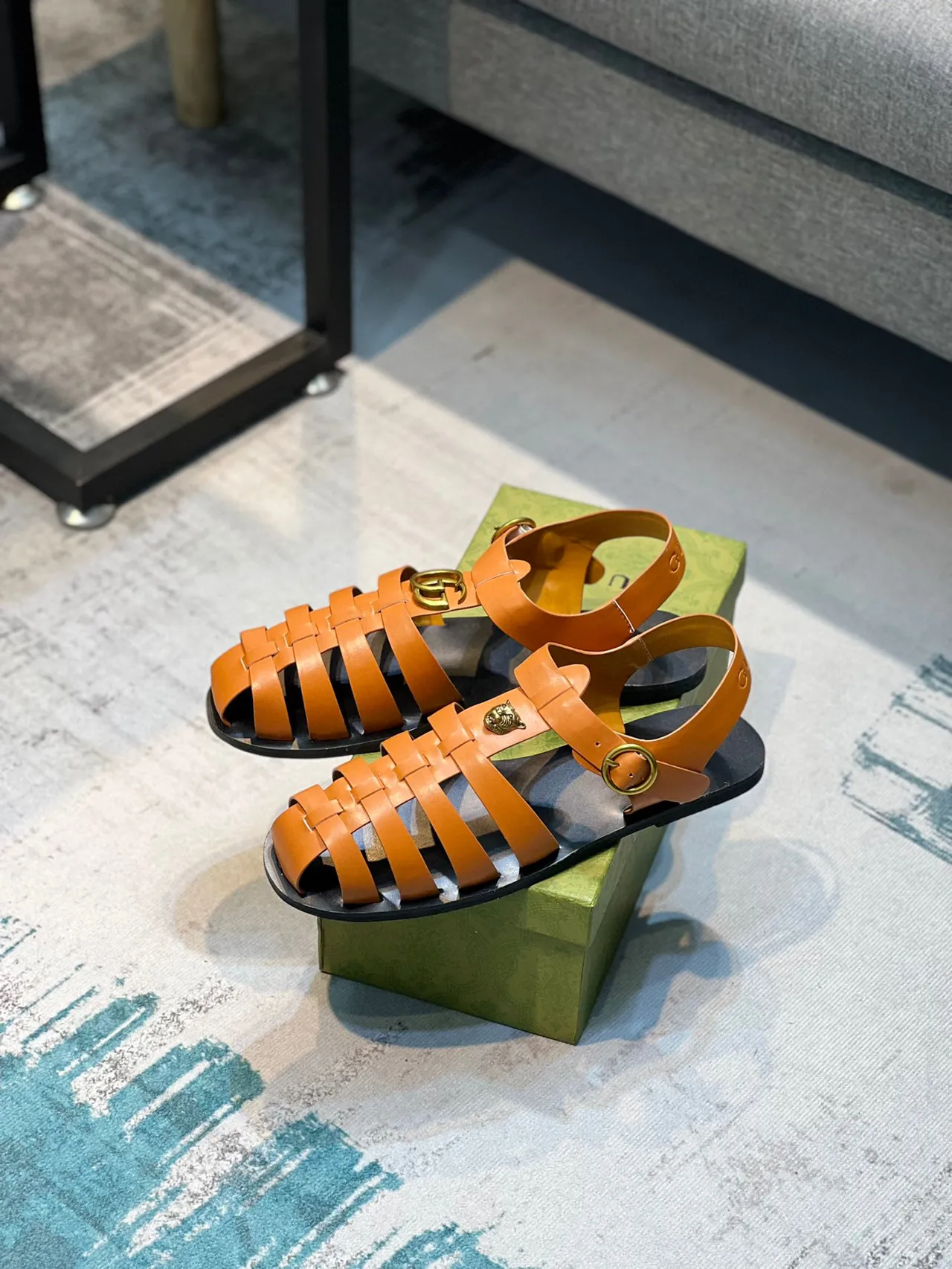 Gucci Orange Black Woven Leather Straps Tiger-Head Medallion Gladiator Sandals