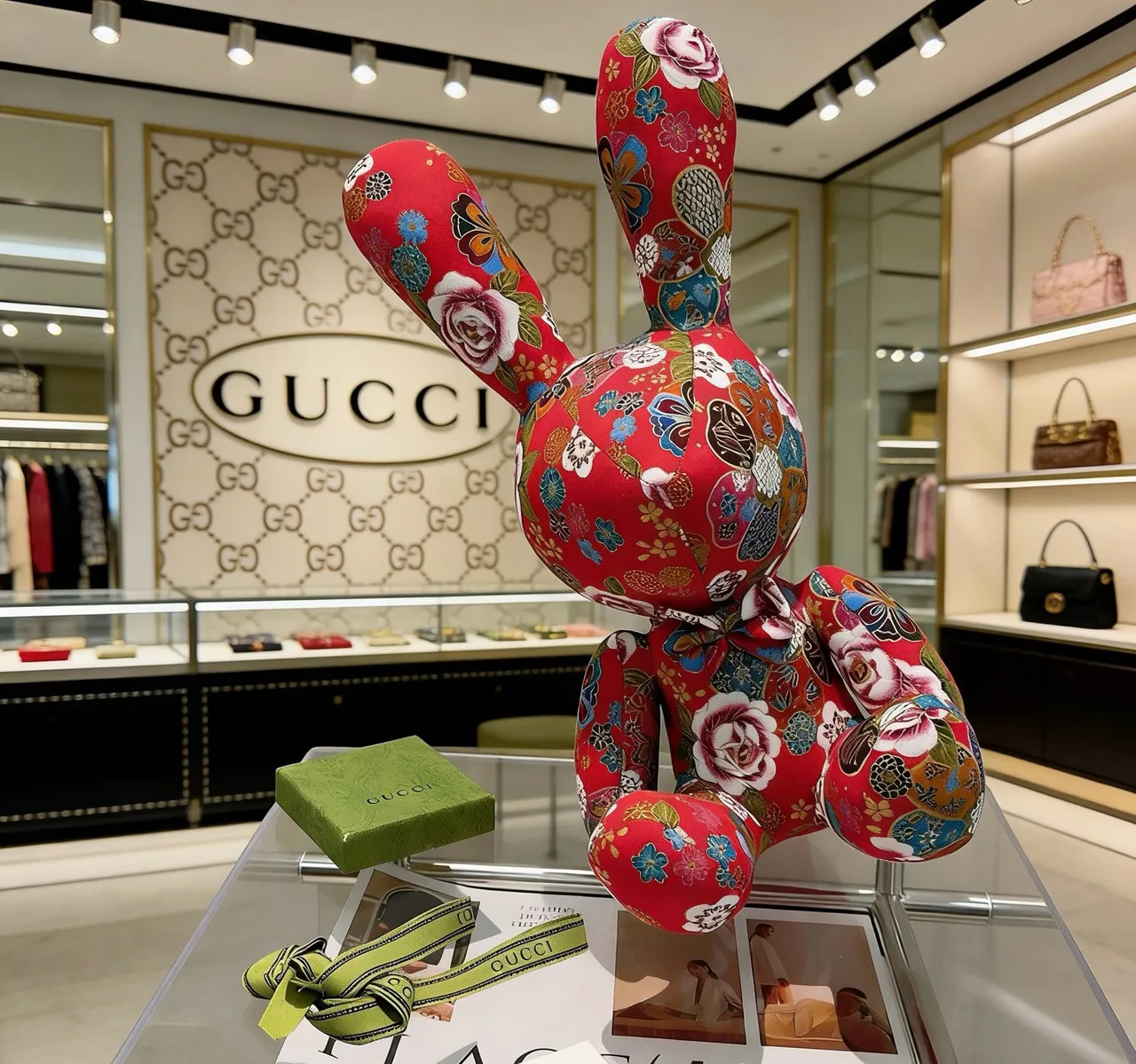 Gucci Red Multicolor Plush Stuffed Rabbit Floral Patchwork Print Handbag