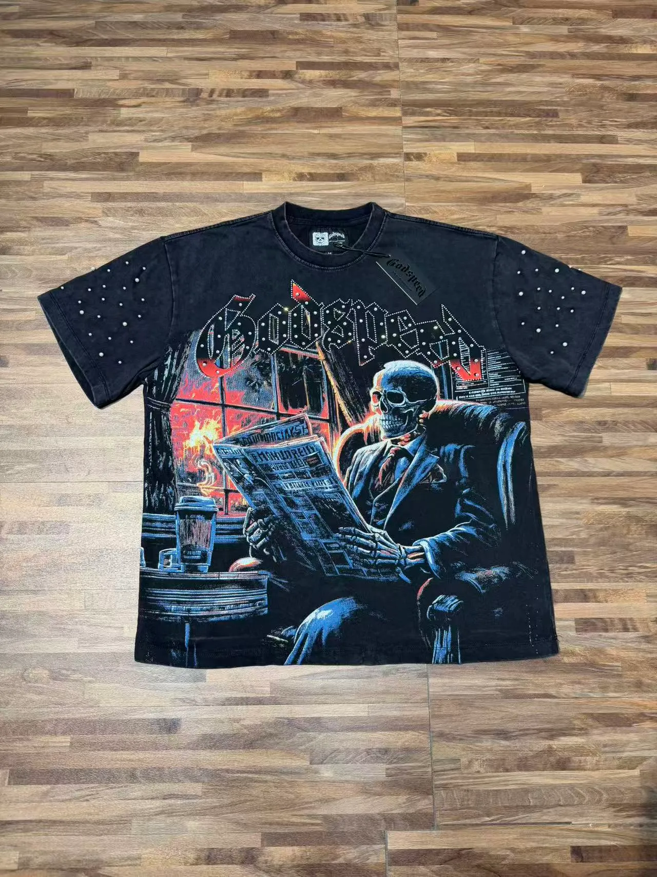 Godspeed Graphic-Print Studded Sleeves Distressed Black T-Shirt