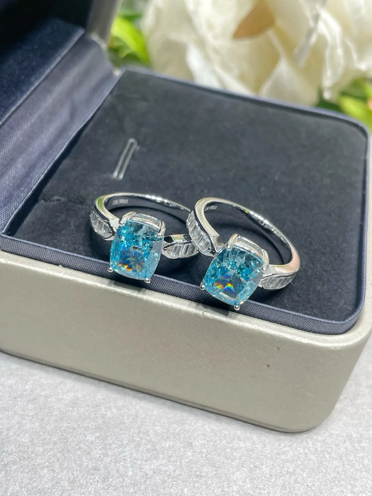 Blue Silver Cushion-Cut Central Stone Baguette Side Accents Ring