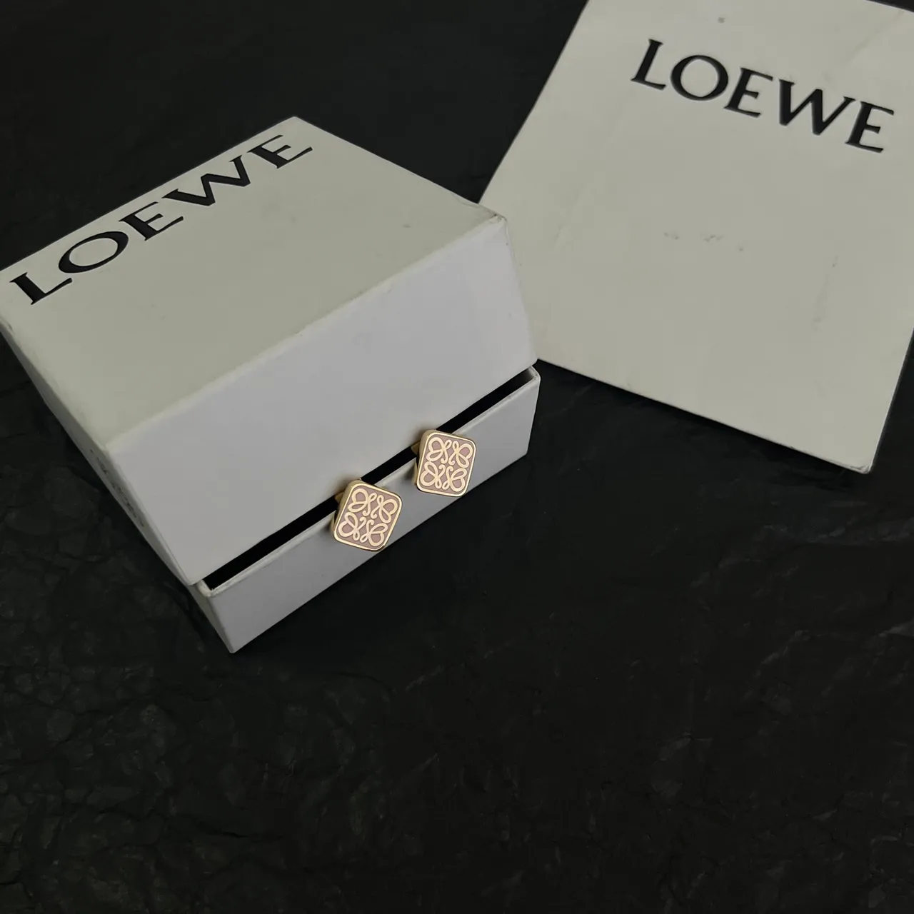 Loewe Anagram Gold Beige Square Stud Enamel-Filled Earrings