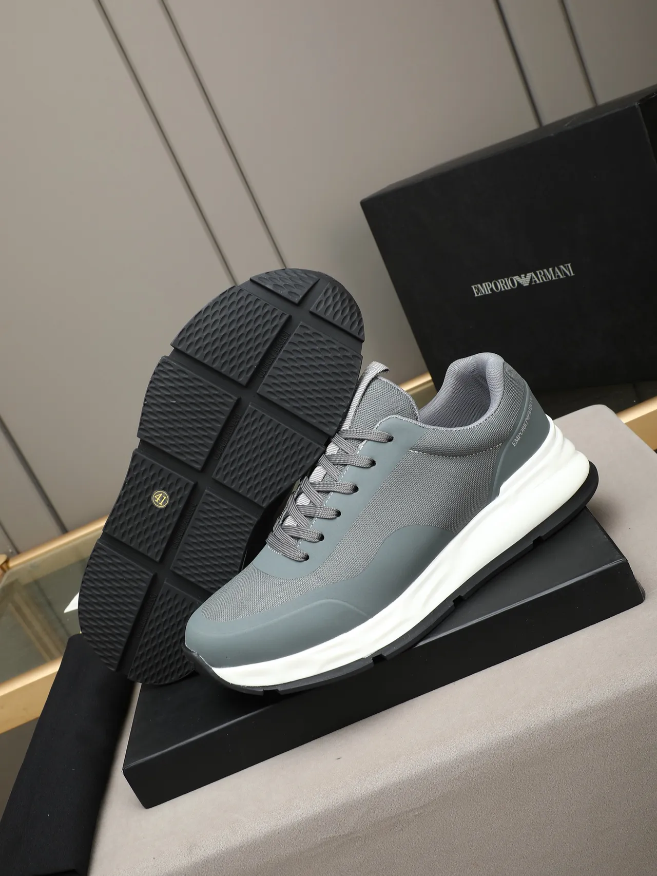 Emporio Armani Gray Mesh and Synthetic Lifestyle Sneaker