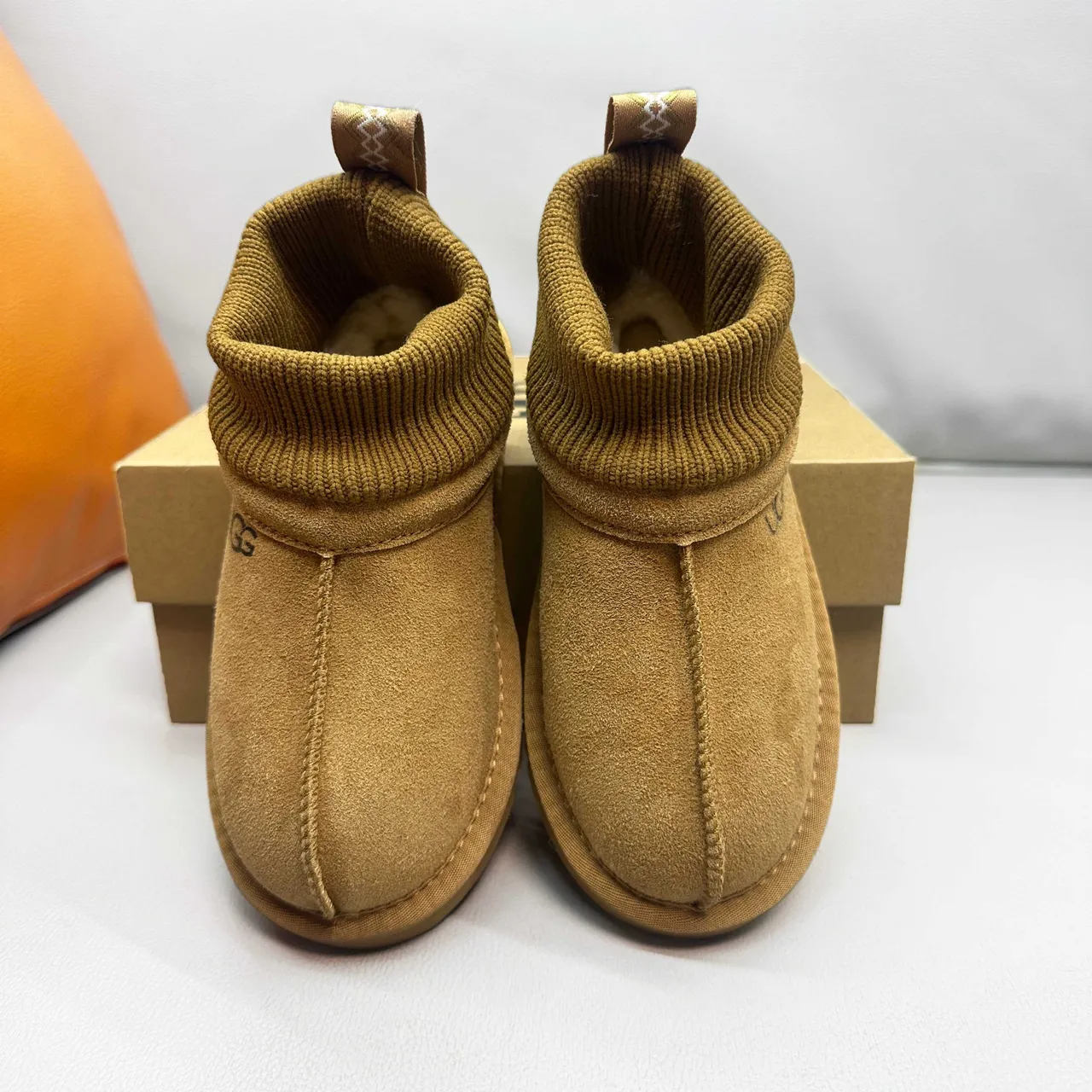 UGG Brown Beige Suede Upper Ribbed Knit Cuff Snow Boots