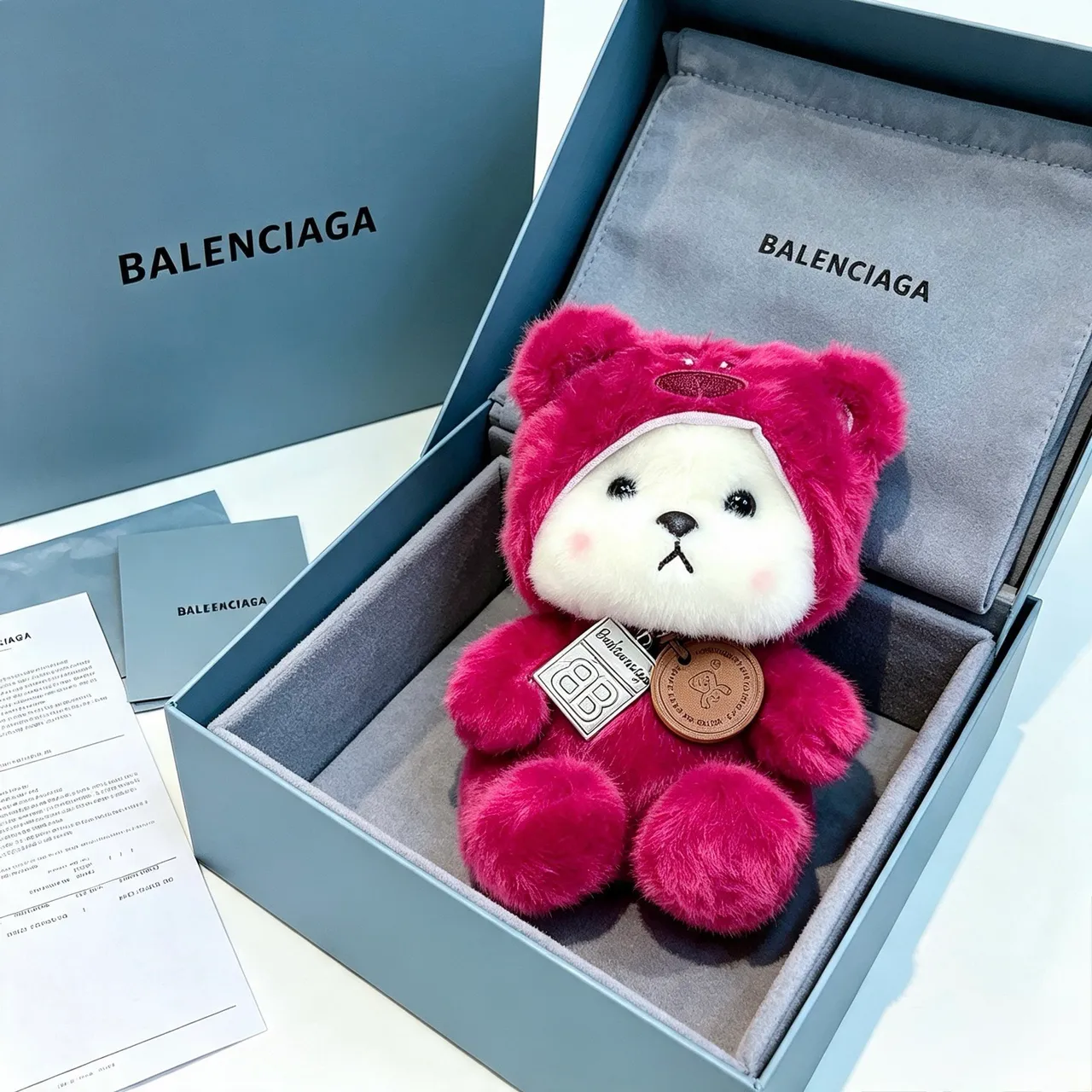Balenciaga Teddy Bear Pink White Plush Hooded Costume Handbag