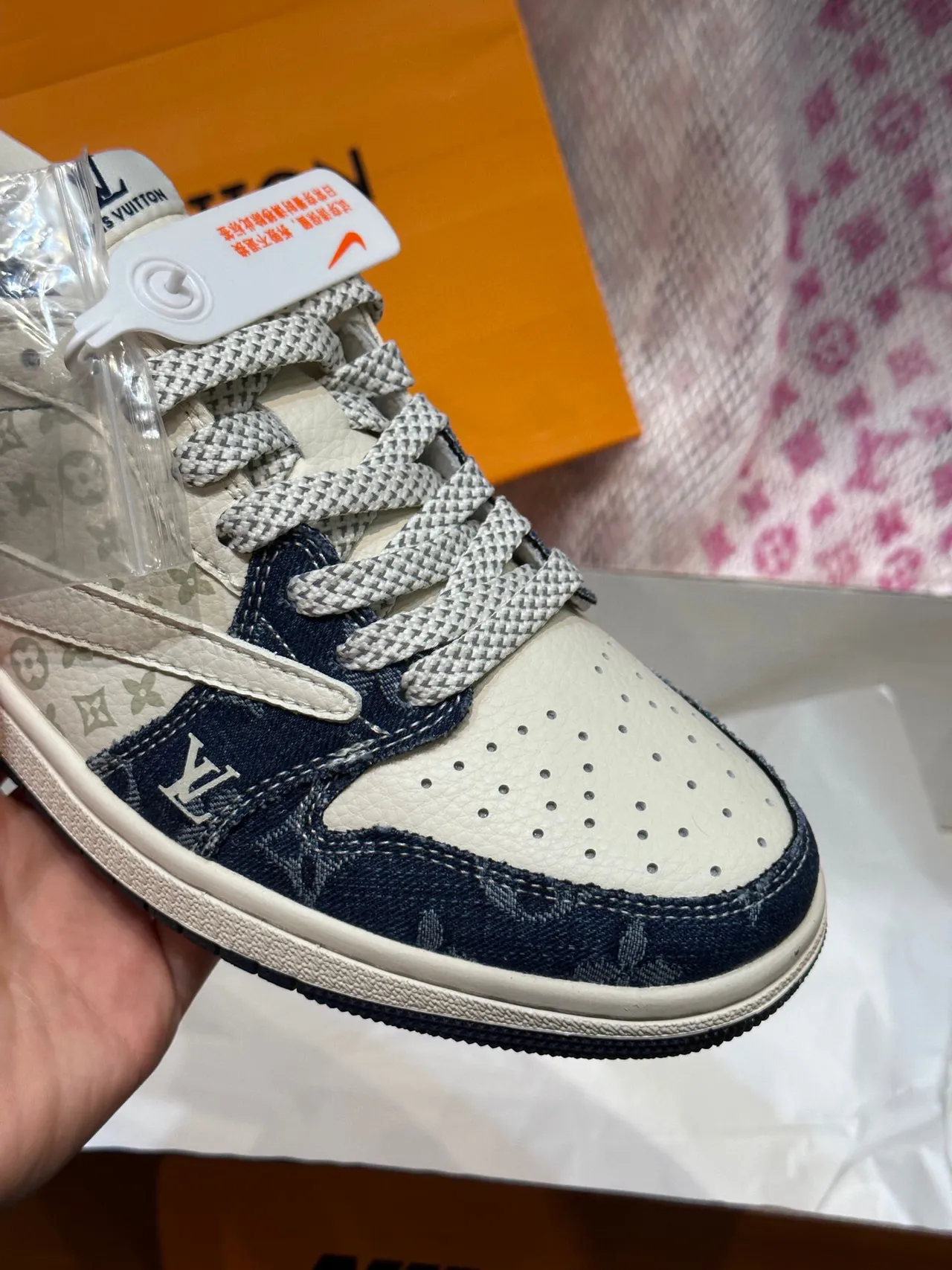 Nike x Louis Vuitton Dunk Low White and Navy Monogram Lifestyle Sneakers