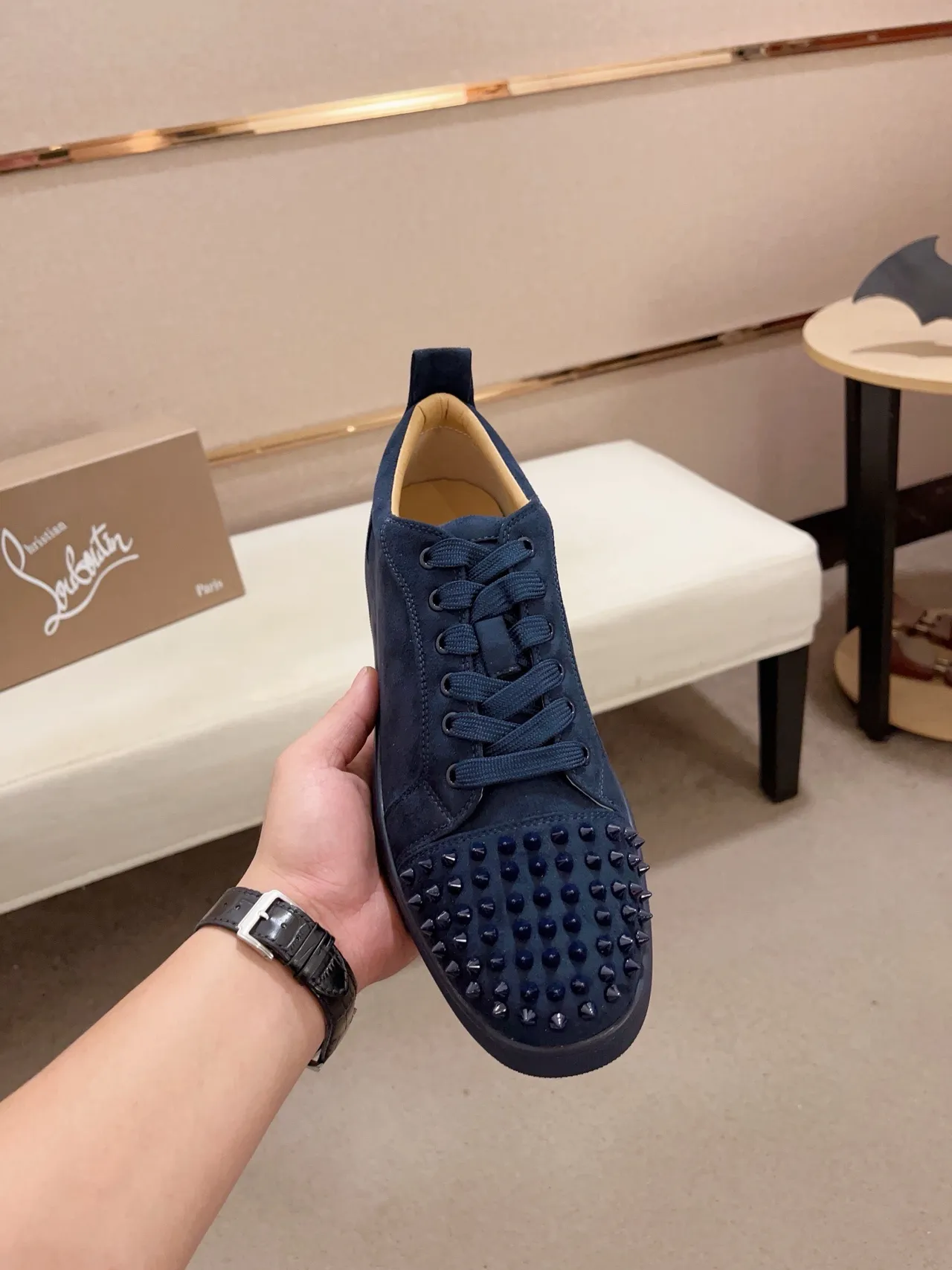 Christian Louboutin Navy Beige Suede Spiked Toe Cap Lifestyle Sneakers