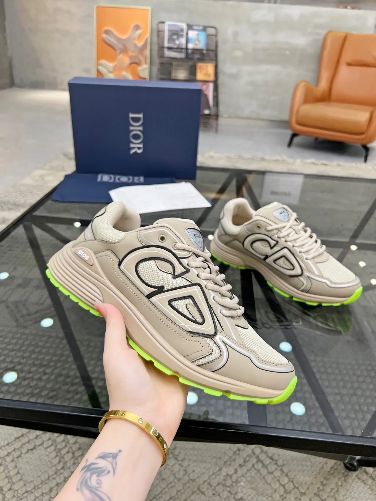Dior B23 Beige Green Sole Oversized CD Logo Chunky Sneakers