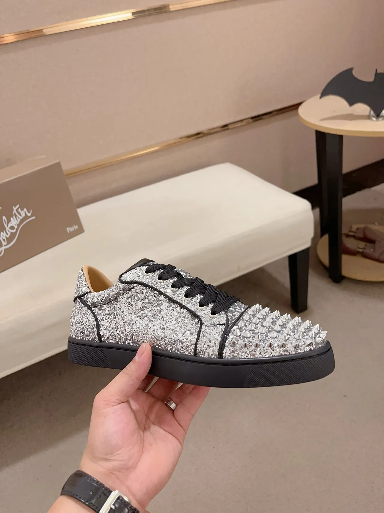 Christian Louboutin Silver Black Glitter Upper Studded Toe Cap Lifestyle Sneakers