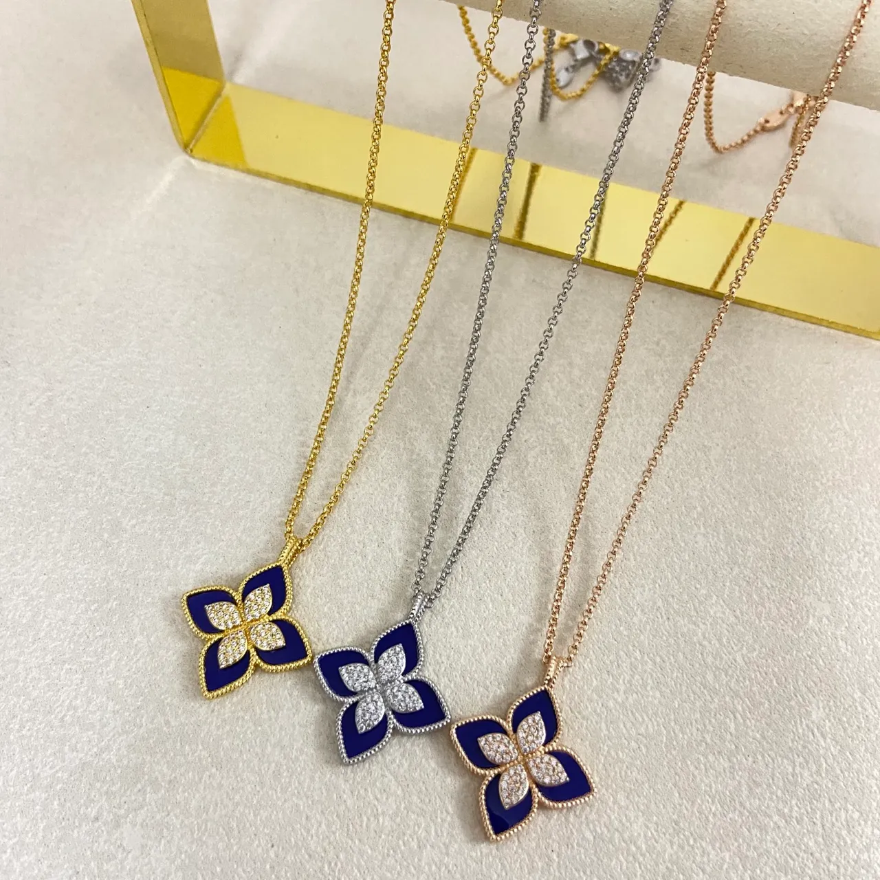 Floral Quatrefoil Enamel and Crystal Pendant Necklaces