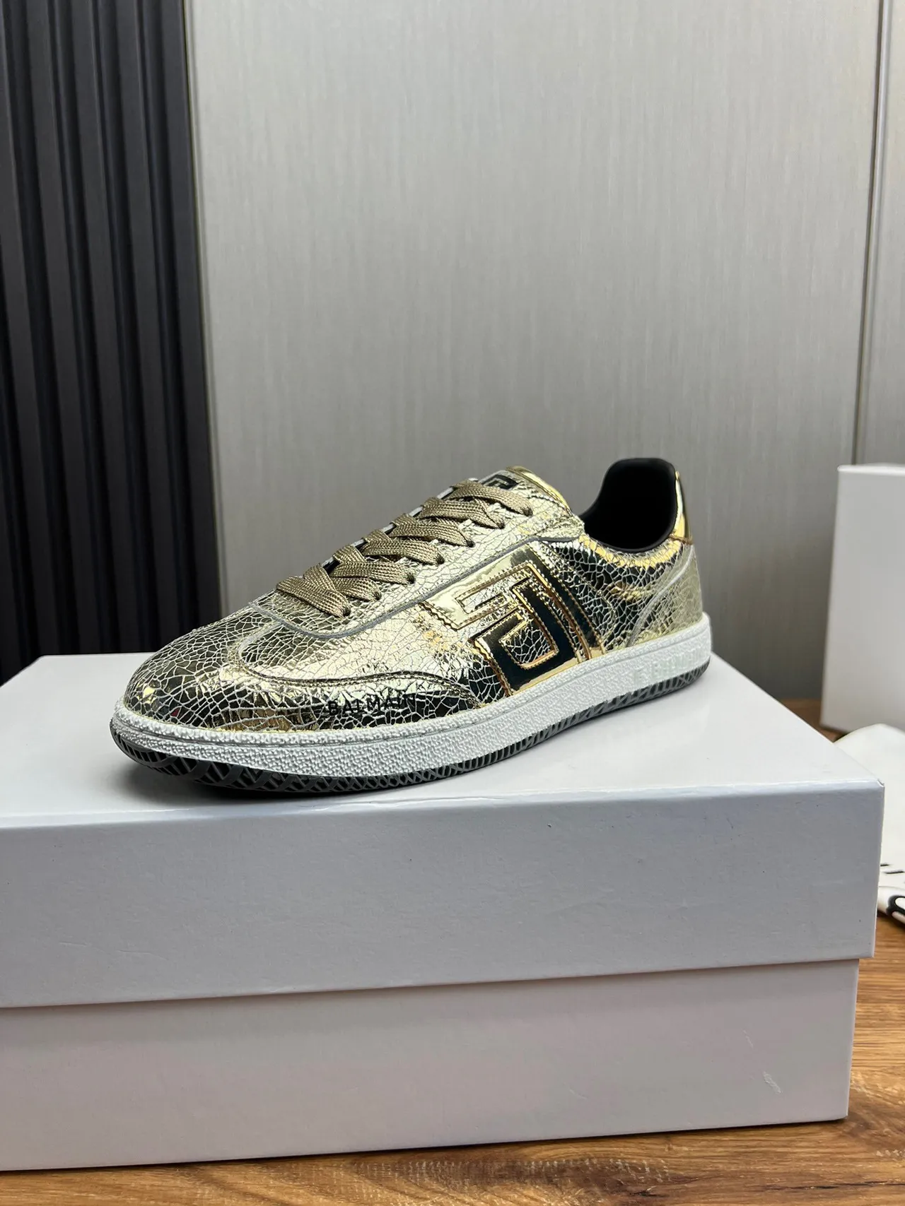Balmain B-Court Metallic Cracked Leather Gold Black Lifestyle Sneakers