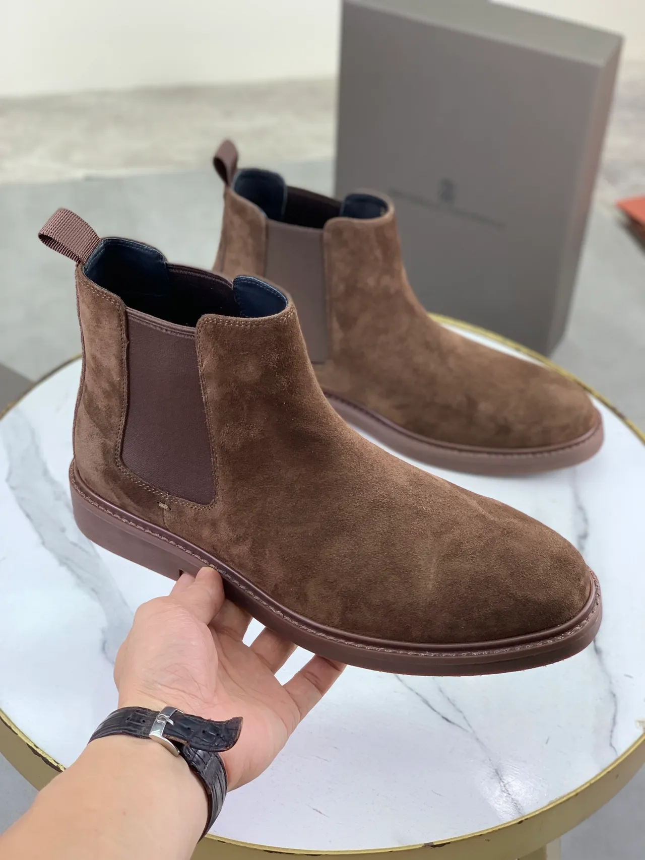 Brown Navy Suede Upper Elastic Side Gussets Chelsea Boots