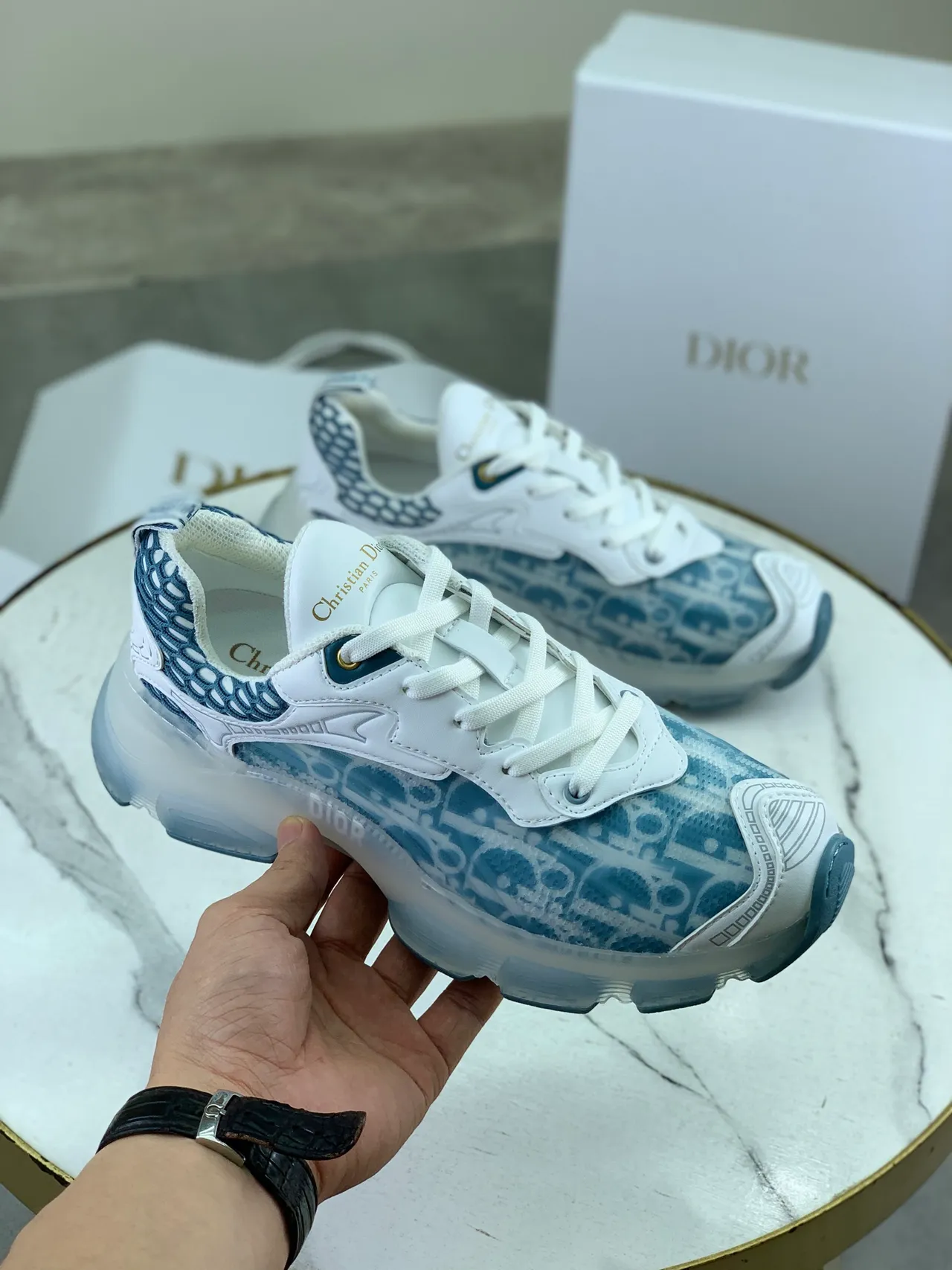 Dior White Blue Sole Transparent Midsole Chunky Sneakers