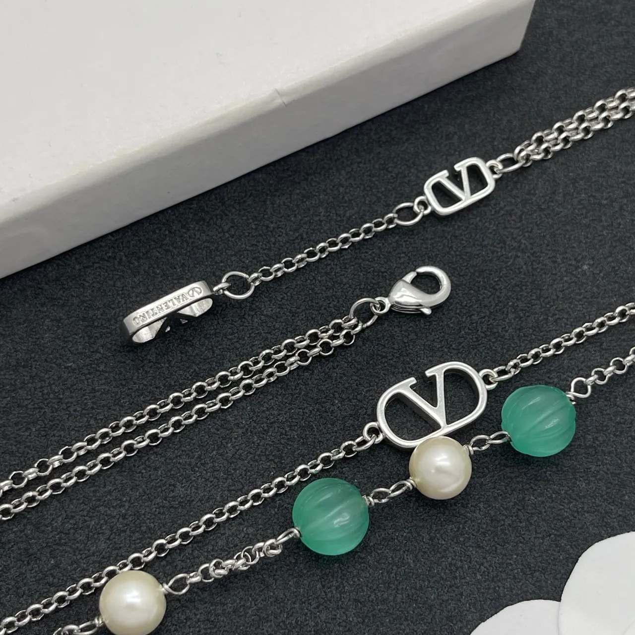 Valentino VLogo Double-Layer Pearl and Chalcedony Necklace