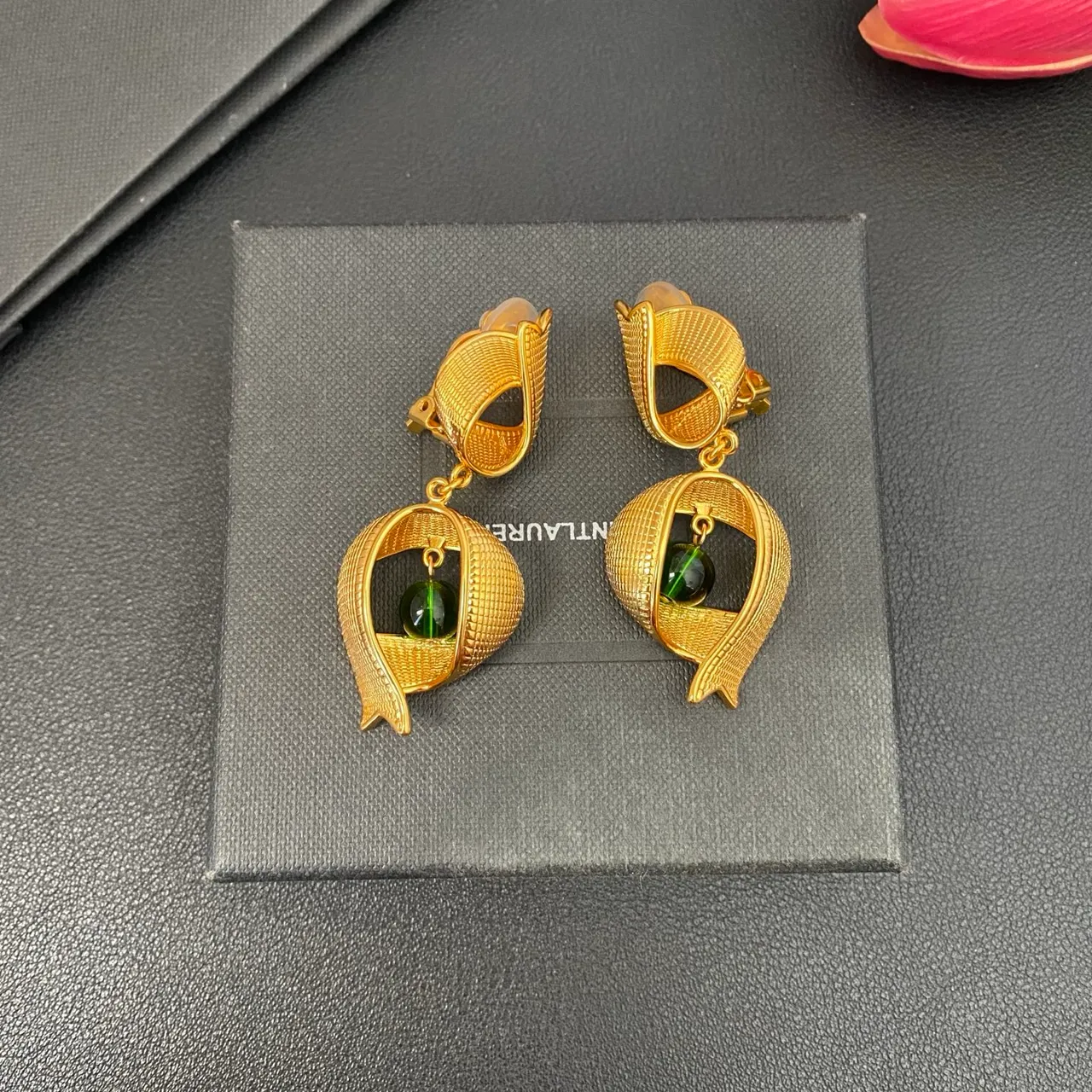 Saint Laurent Gold Green Textured Finish Asymmetrical Ribbon-Like Frame Earrings