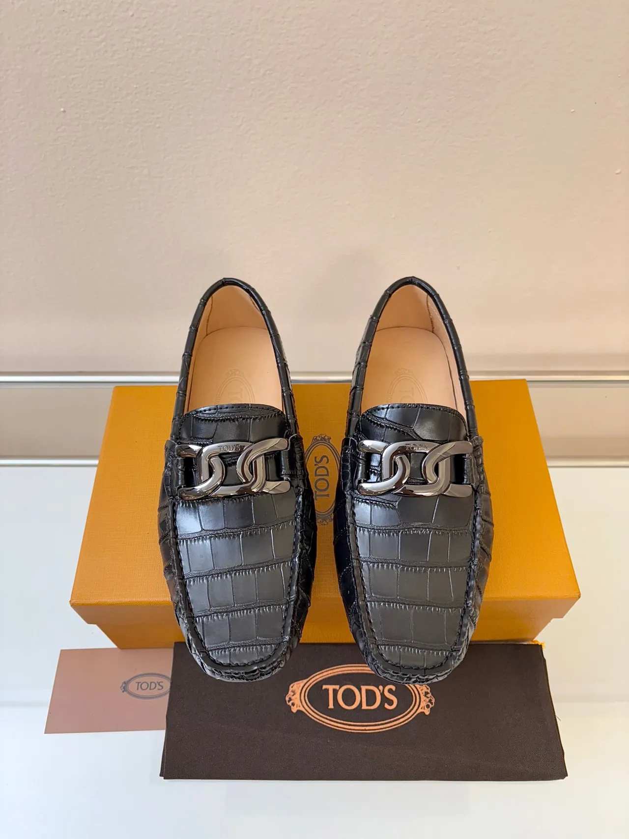 Tod's Gommino Black Brown Crocodile-Embossed Leather Metal Horsebit Buckle Loafer