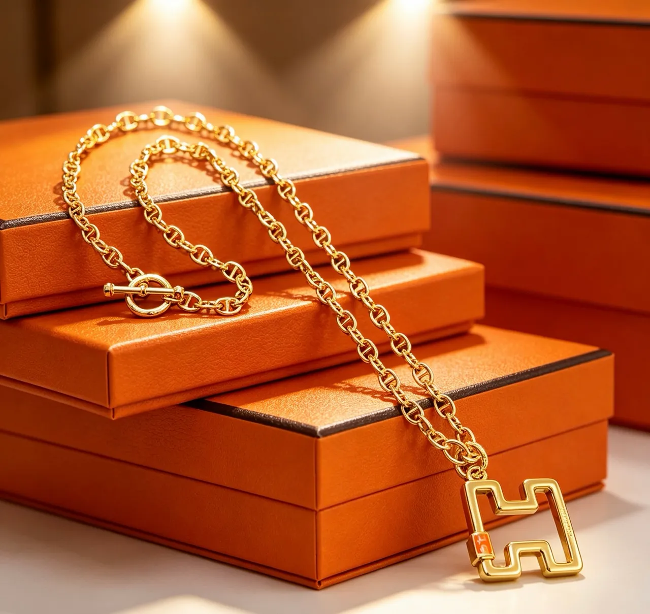 Hermès Gold Orange Link Chain Toggle Clasp Necklace