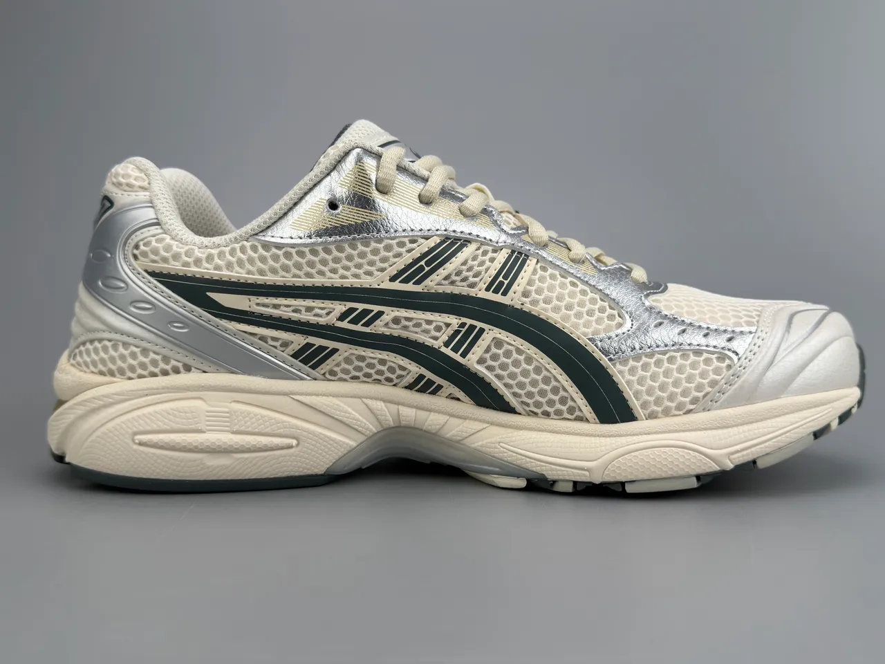 ASICS Gel-Kayano Beige Silver Mesh And Synthetic Overlay Upper Metallic Accents Running Shoes