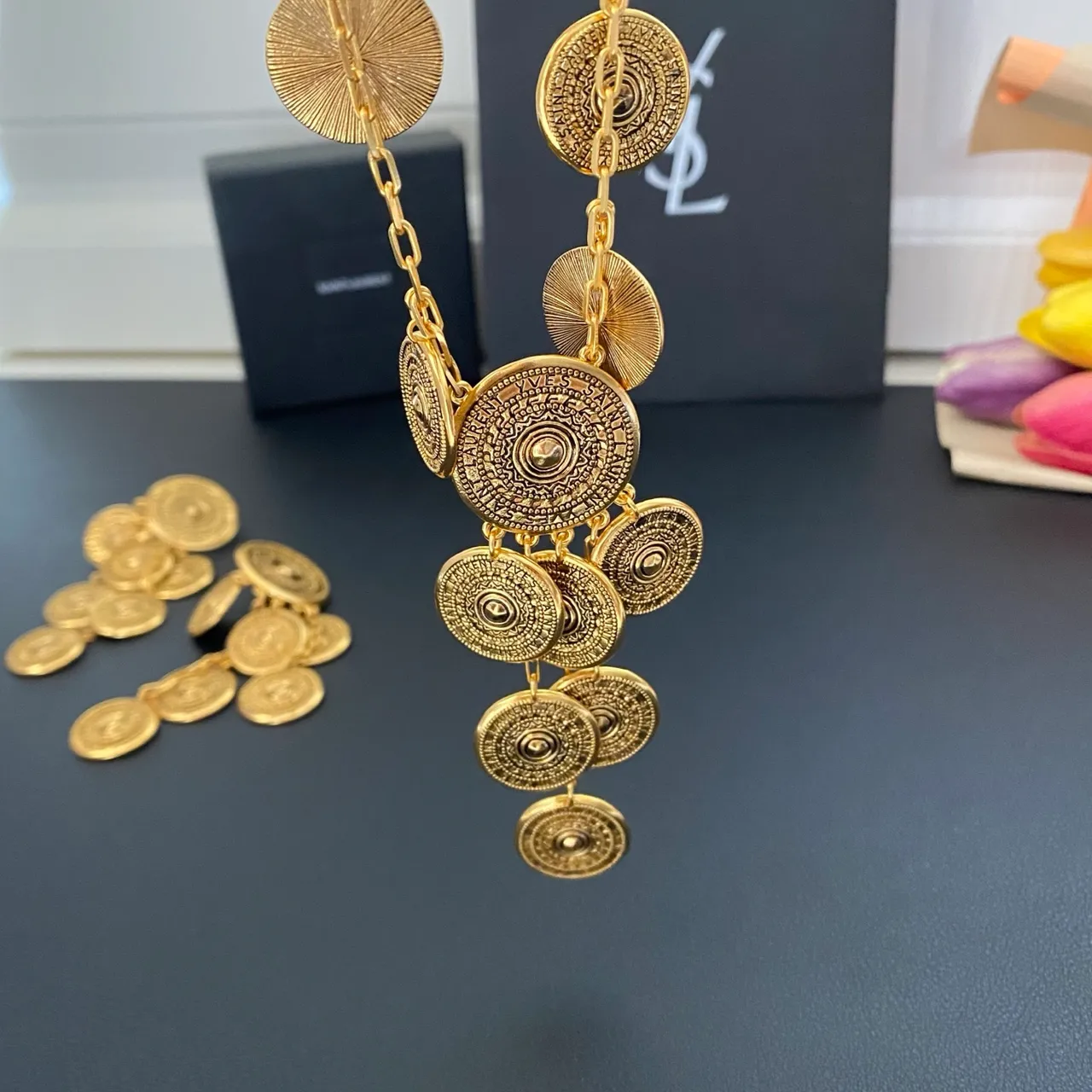 Saint Laurent Gold Coin-Inspired Multi-Tiered Chain Necklace