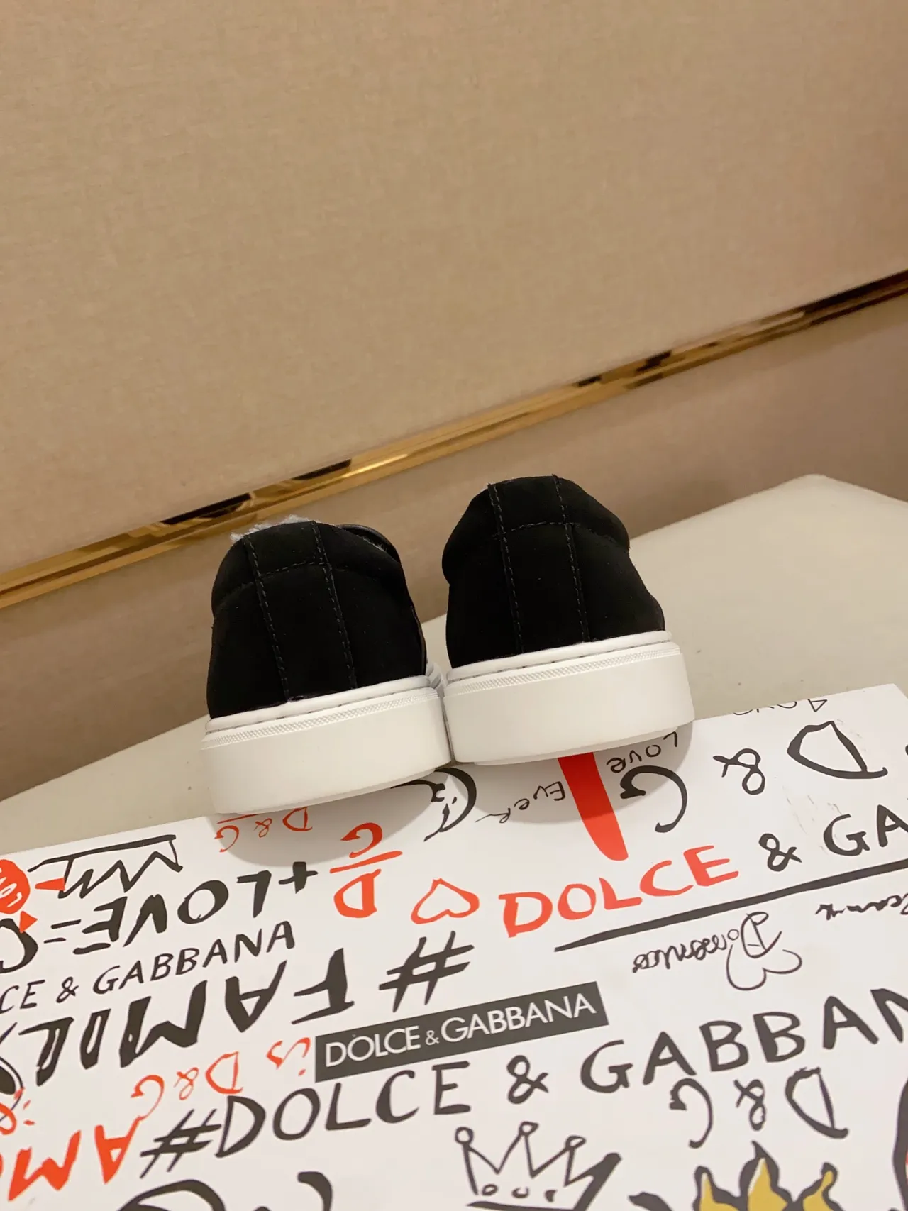Dolce & Gabbana Portofino Black Gold Slip-On Suede Upper Lifestyle Sneakers