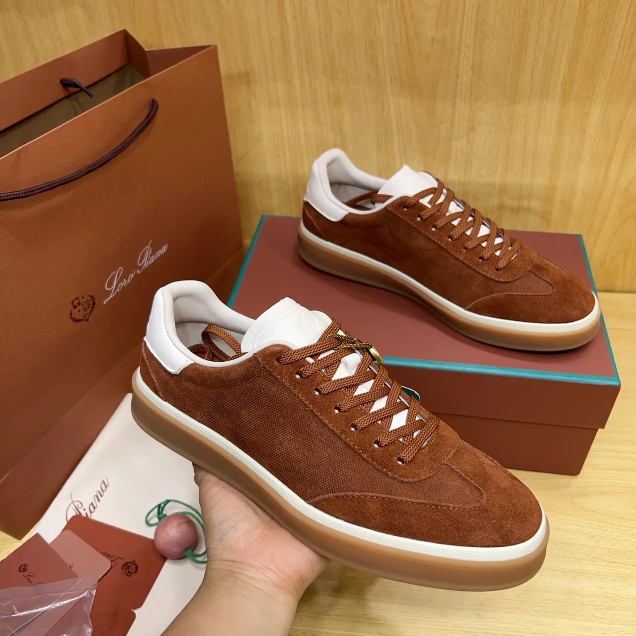 Loro Piana Brown Suede and Textile Low-Top Lifestyle Sneaker