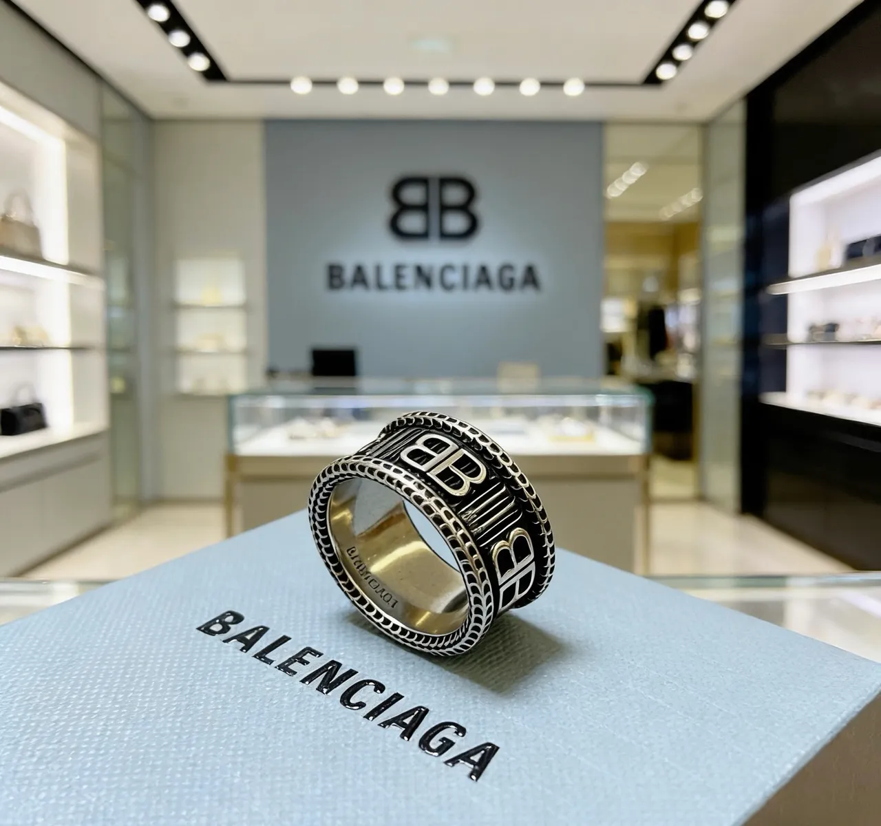 Balenciaga BB Ring Silver and Black Enamel Wide Band Ring