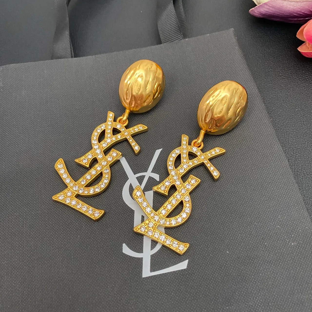 Saint Laurent YSL Monogram Pavé Crystal Gold Dangling Earrings