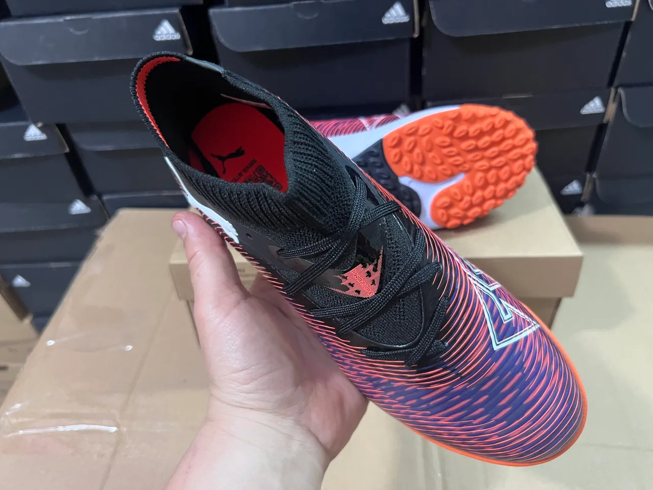 Puma Black Multicolor Knit Sock-Fit Collar Iridescent Striped Upper Turf Soccer Shoes