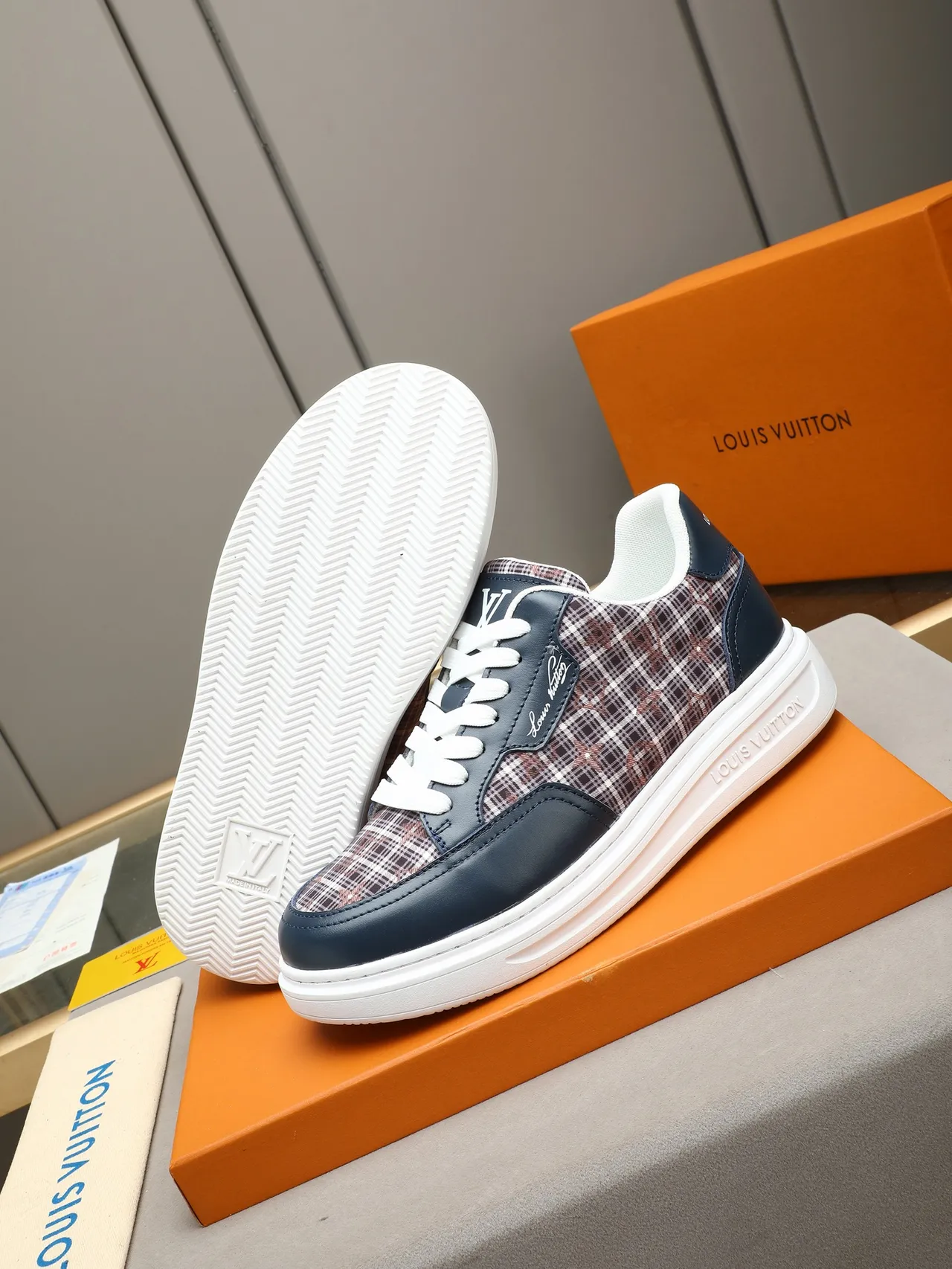 Louis Vuitton Run Away Navy Multicolor Low-Top Leather-and-Plaid Upper Lifestyle Sneakers