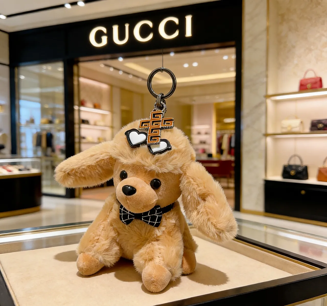 Gucci Beige Black Plush Dog Silhouette Checkered Bow Tie Phone Accessory