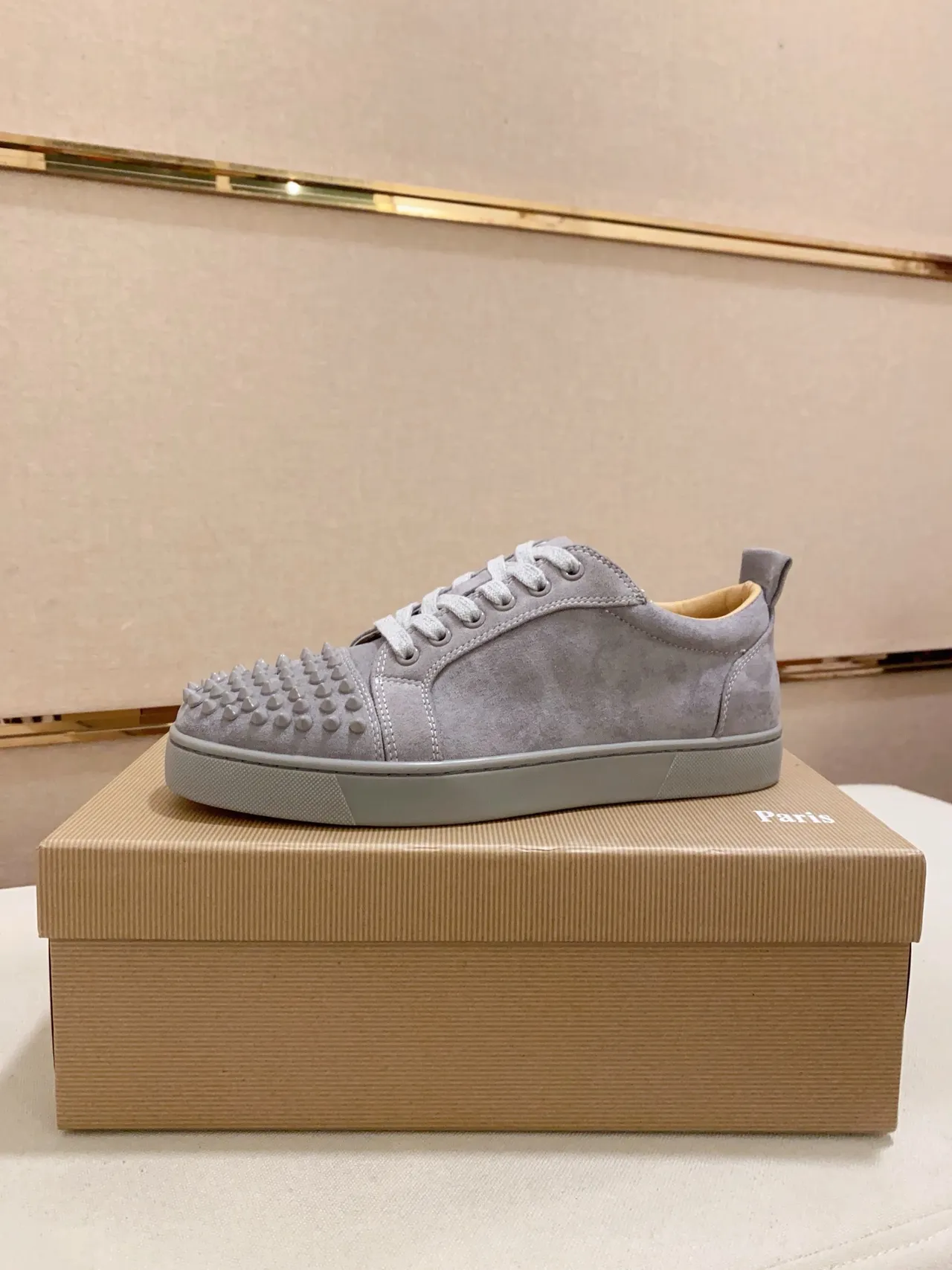 Christian Louboutin Gray Beige Suede Upper Spiked Toe Cap Lifestyle Sneakers