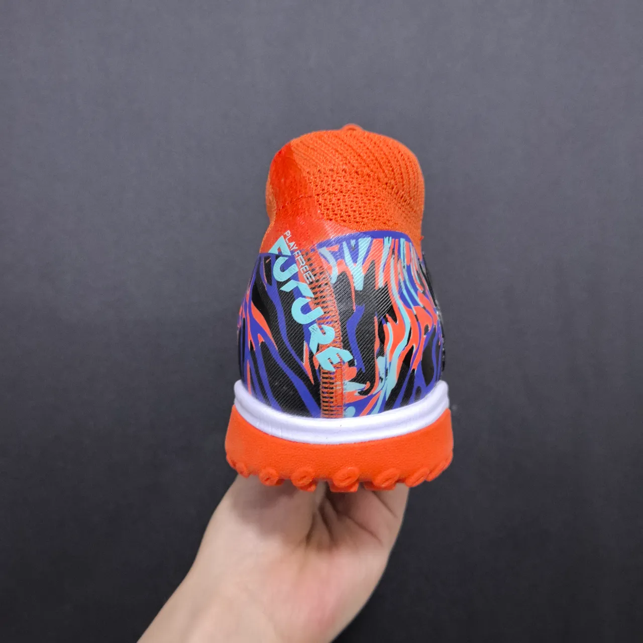 Puma Orange Blue Sock-Fit Knit Collar Molded Synthetic Cage Upper Turf Soccer Shoes