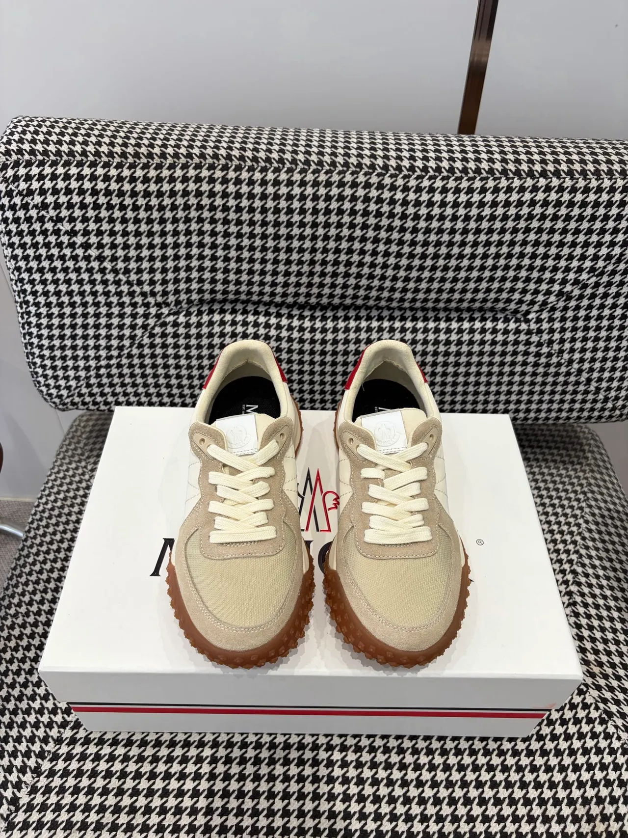 Moncler Beige Red Retro Runner Silhouette Mixed-Material Upper Sneakers
