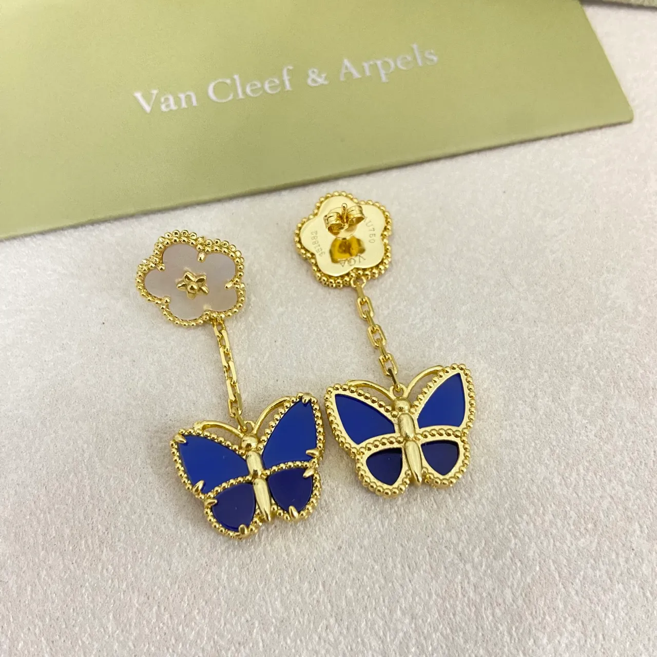 Gold Blue Beaded Edge Quatrefoil Floral Stud Earrings