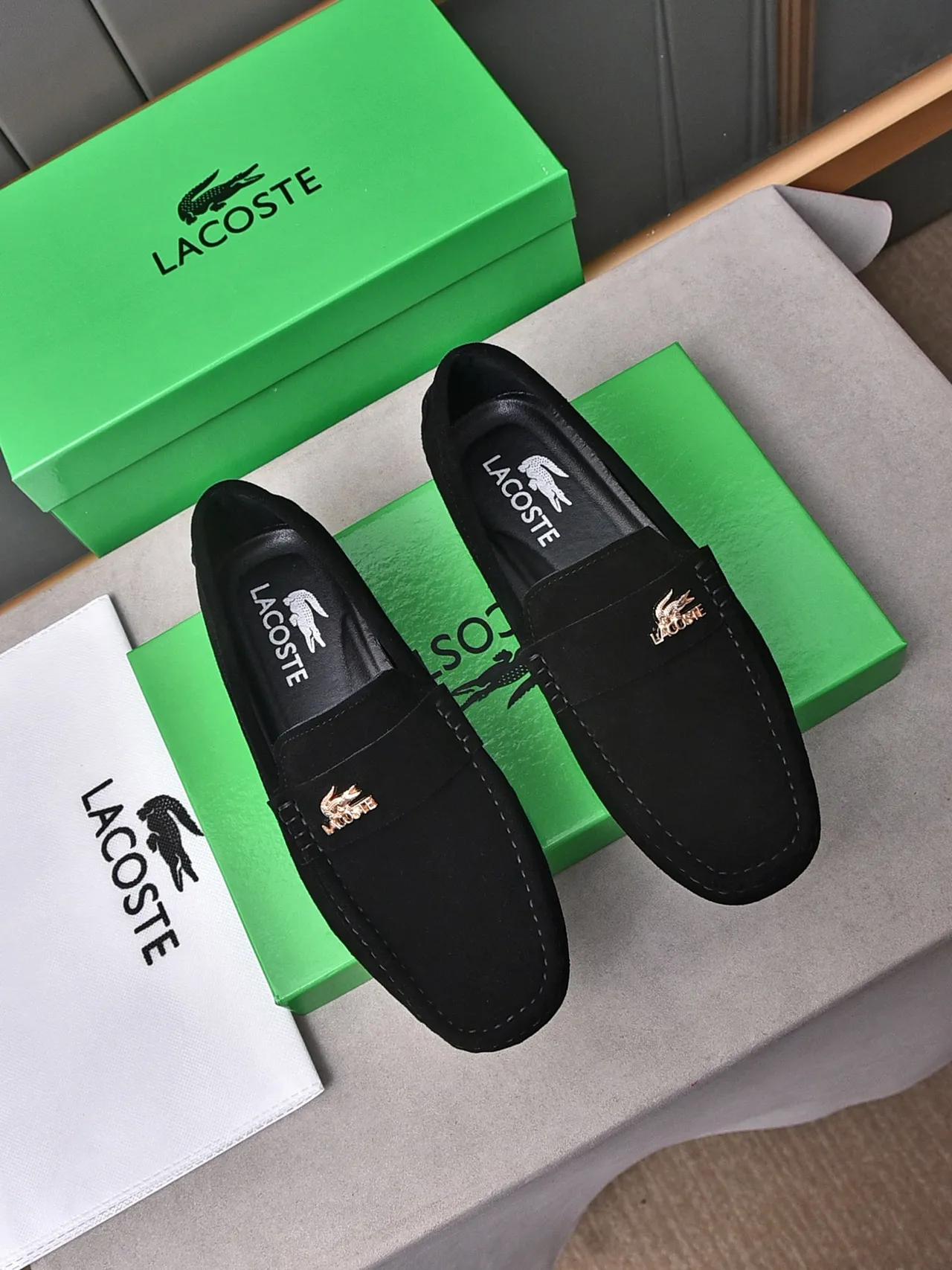Lacoste Loafer Black Gold Suede Upper Penny Strap Loafer