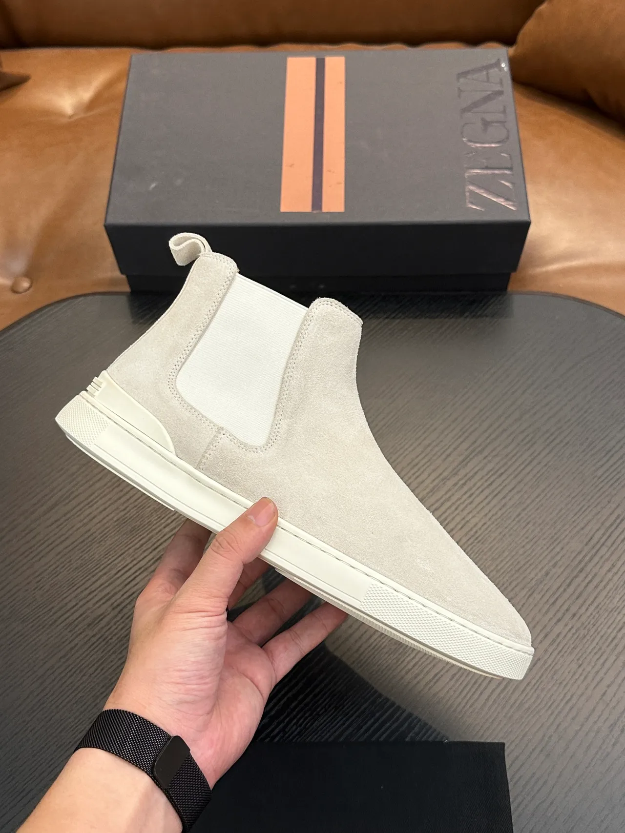 Zegna Beige White Suede Upper Elastic Side Panels Chelsea Boots