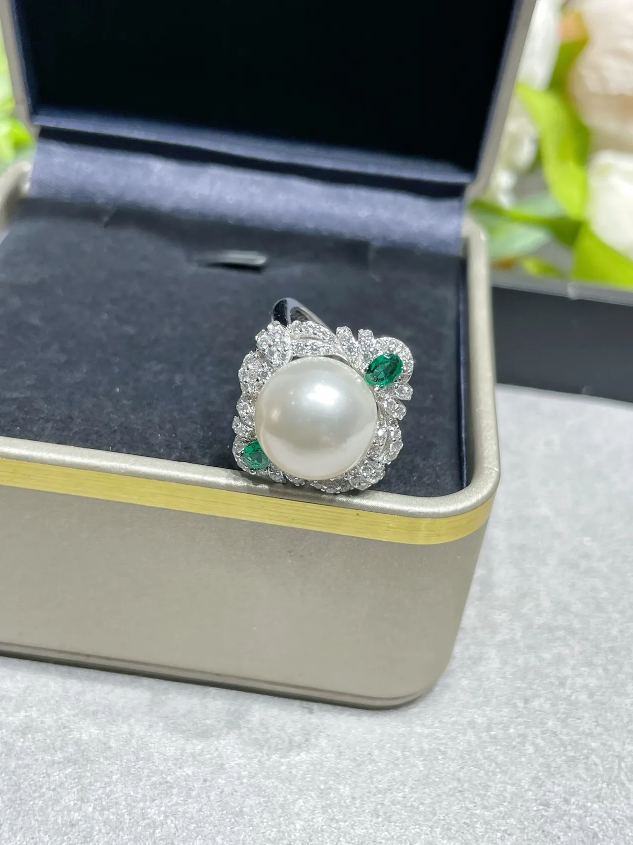 Pearl and Emerald Pavé Halo Earrings