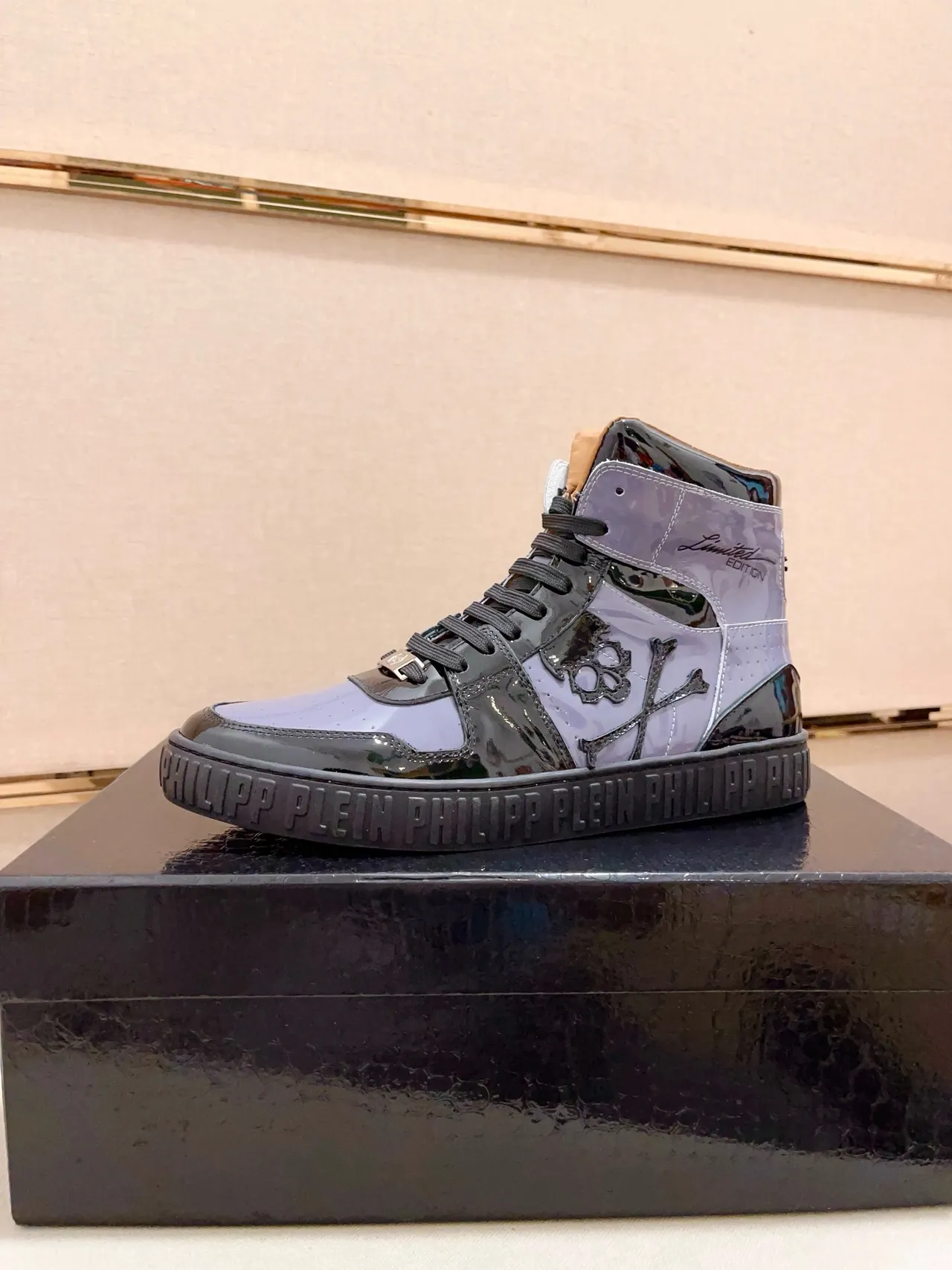 Philipp Plein Limited Edition High-Top Patent Leather and Translucent Panel Lifestyle Sneaker