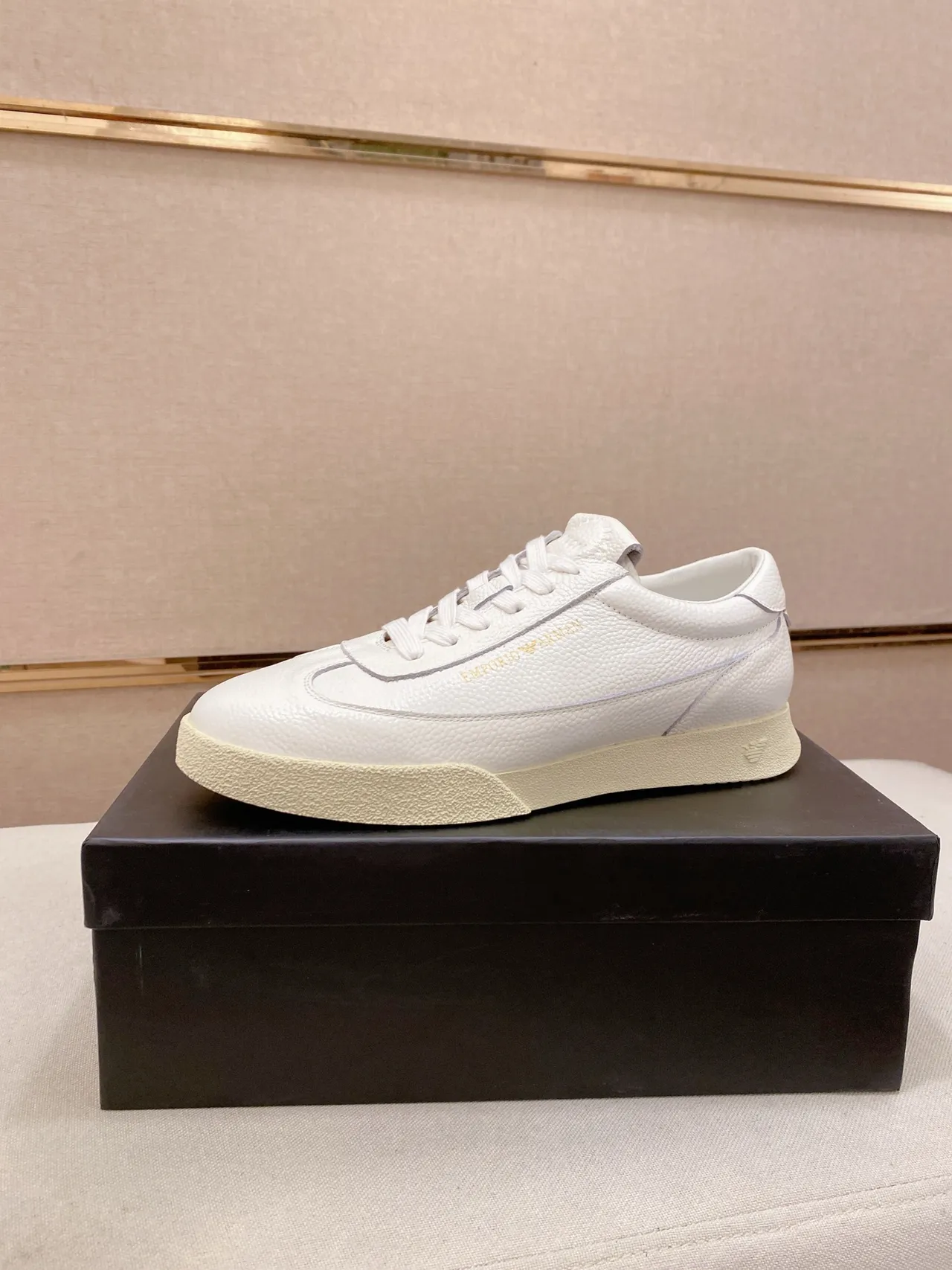Emporio Armani White Beige Pebbled Leather Upper Gold Branding Sneakers