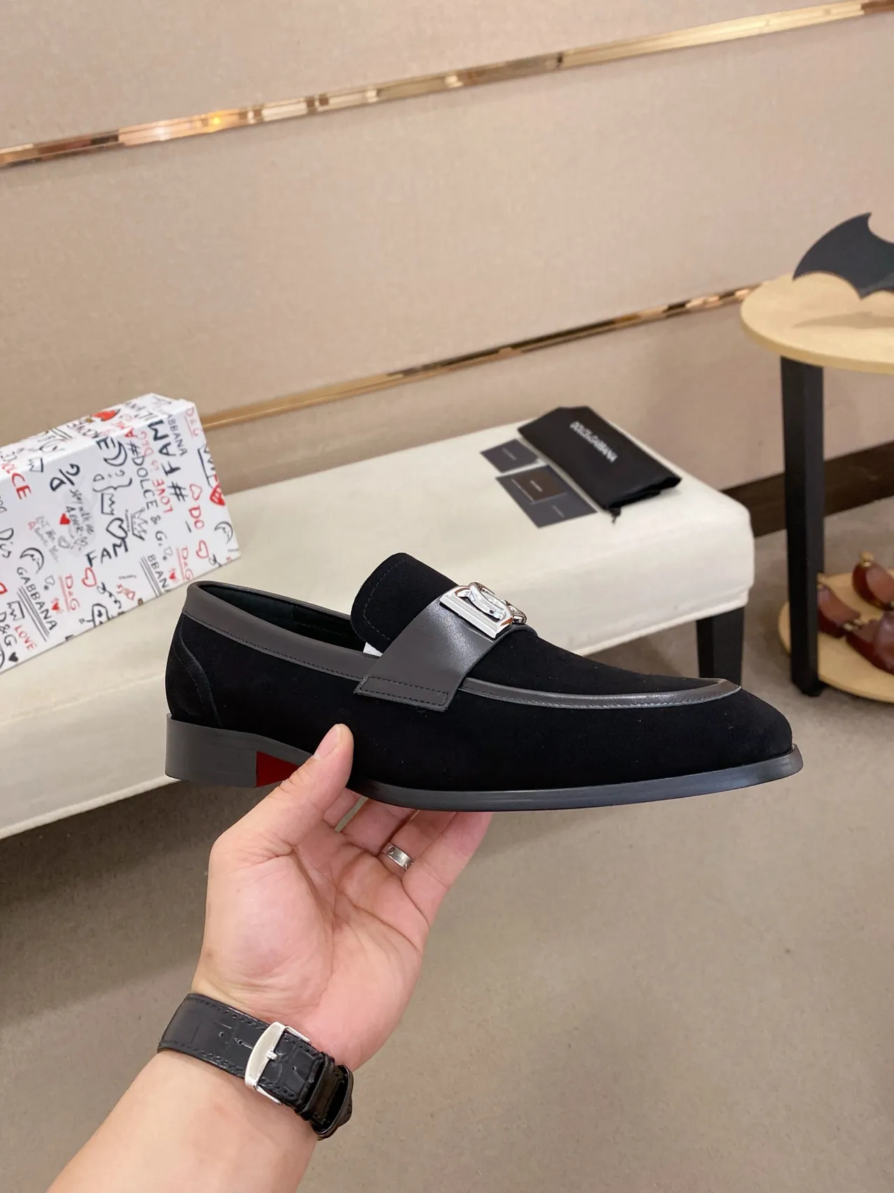 Dolce & Gabbana Black Red Suede Upper Loafer
