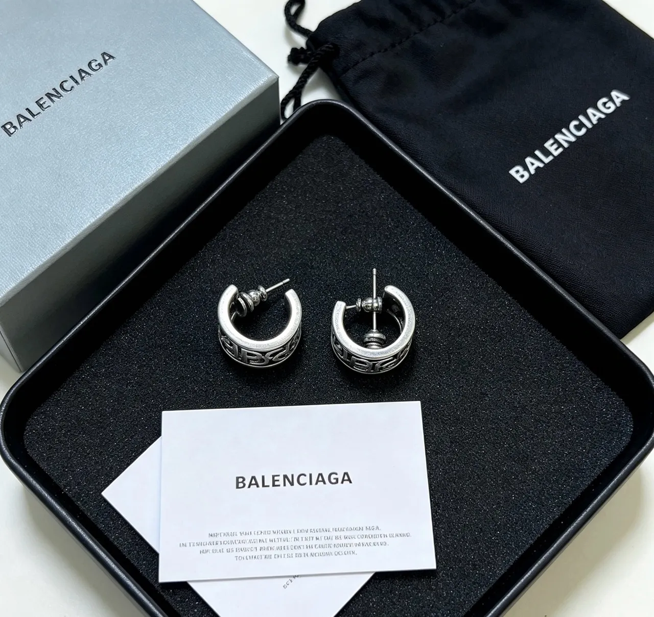 Balenciaga Logo-Integrated Hoop Silver Black Metallic Earrings