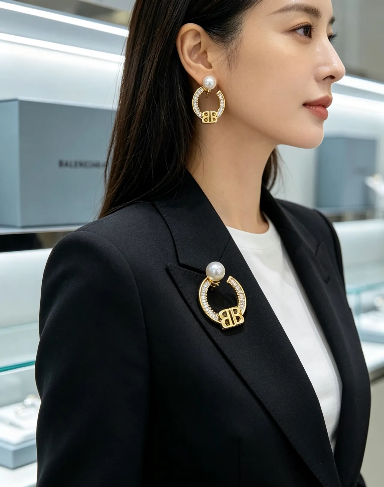 Balenciaga BB Hoop Pearl and Crystal Earrings