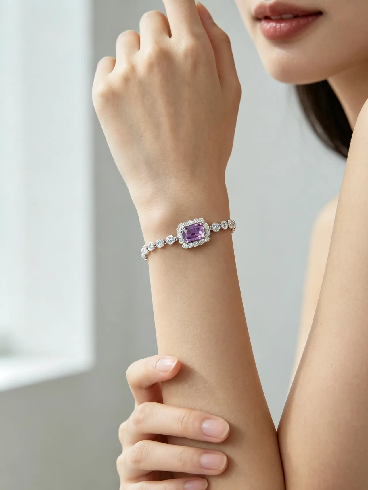 Purple Silver Square-Cut Central Gemstone Halo Setting Bracelet