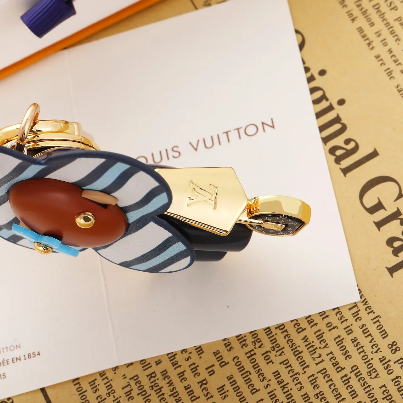 Louis Vuitton Flower Charm Blue Brown Striped Leather Gold-Tone Hardware Handbag