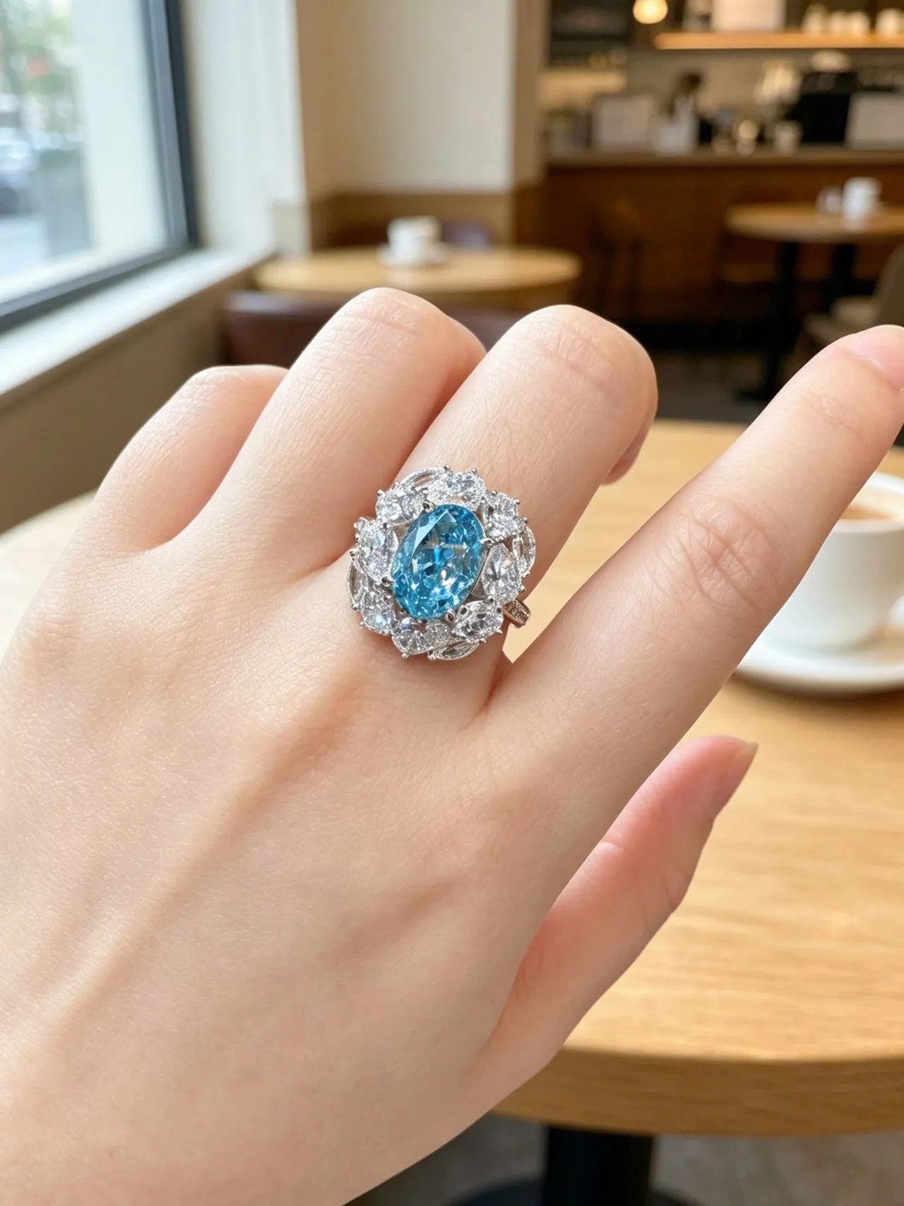 Oval Blue Gemstone Halo Cluster Ring