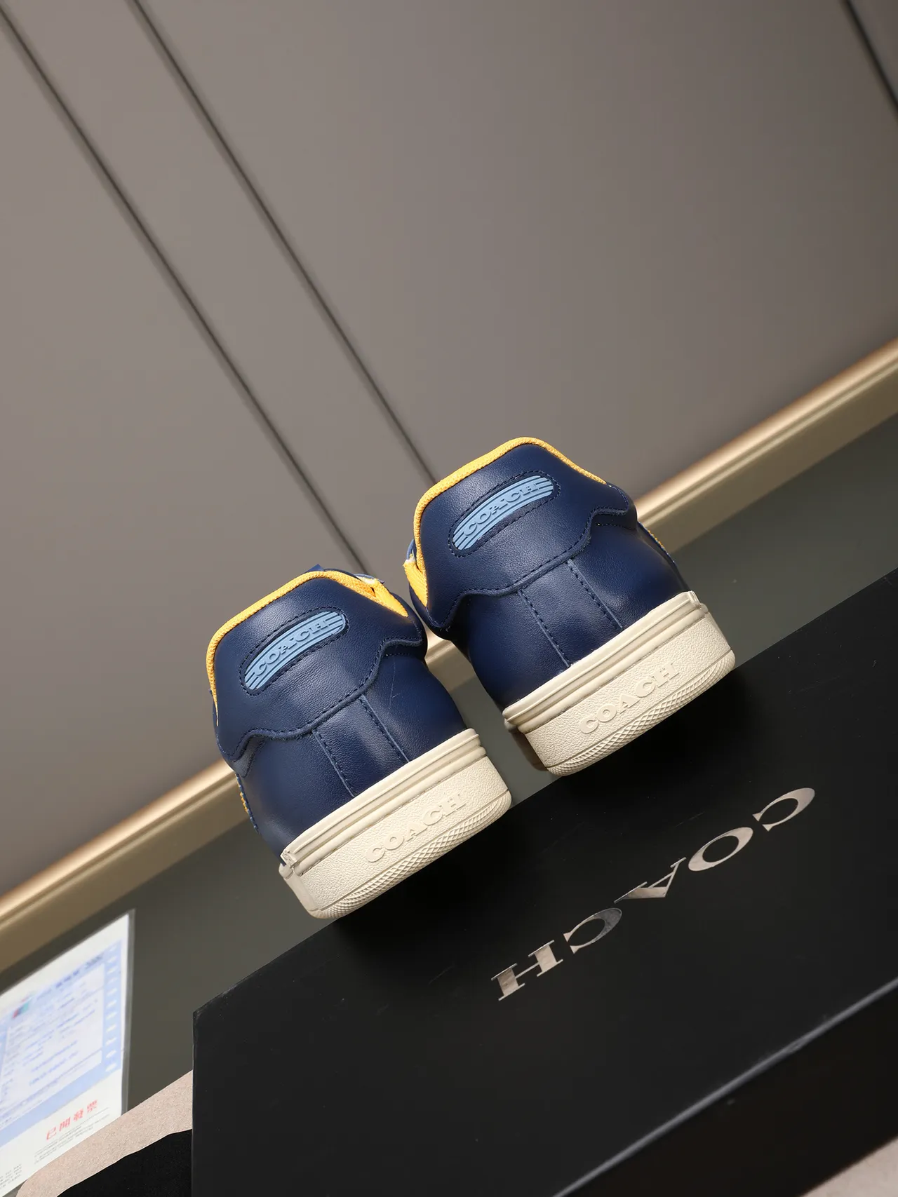 Coach Navy Yellow Leather Upper Contrast Collar Sneakers