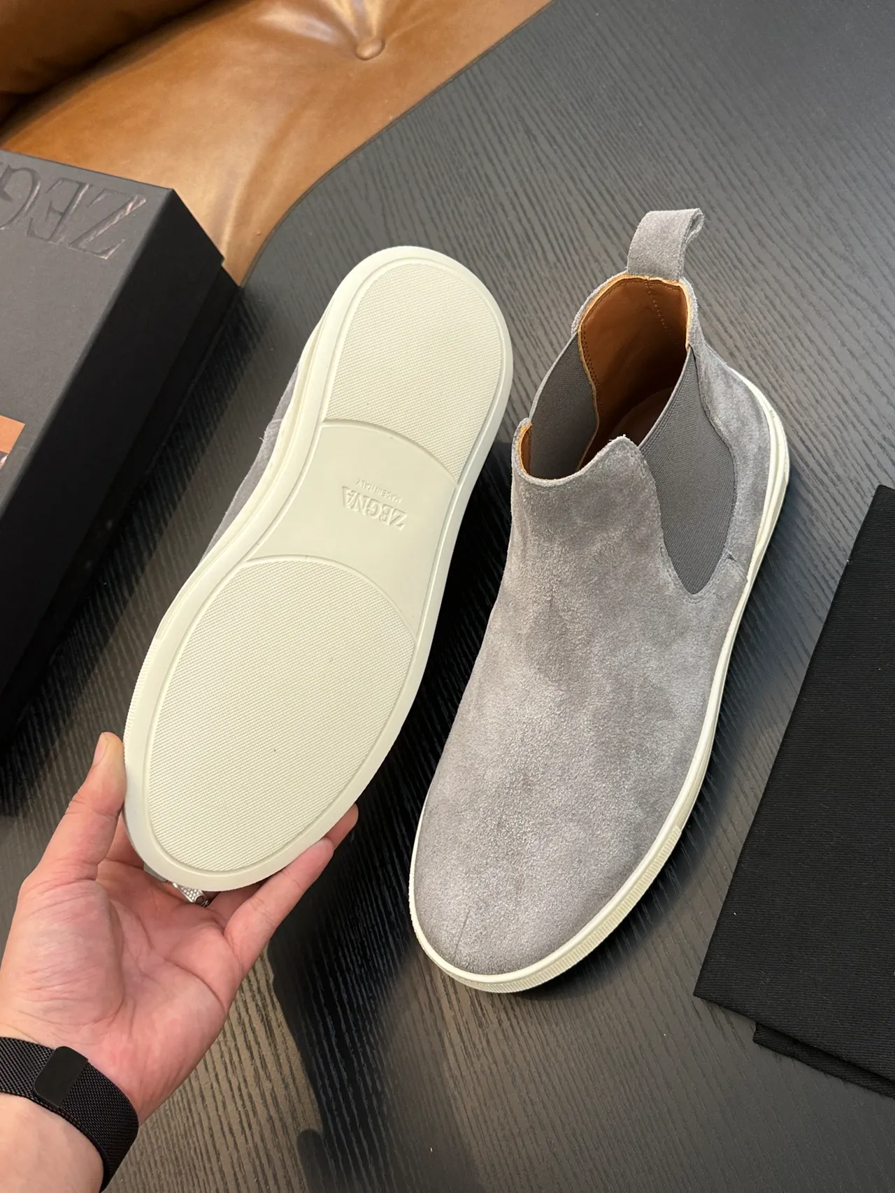 Zegna Gray White Suede Upper Elastic Side Gussets Chelsea Boots
