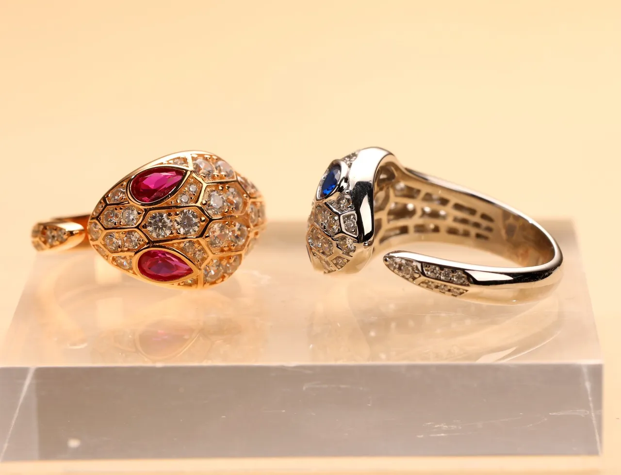 Gold Blue Snake Motif Pavé-Set Scales Ring