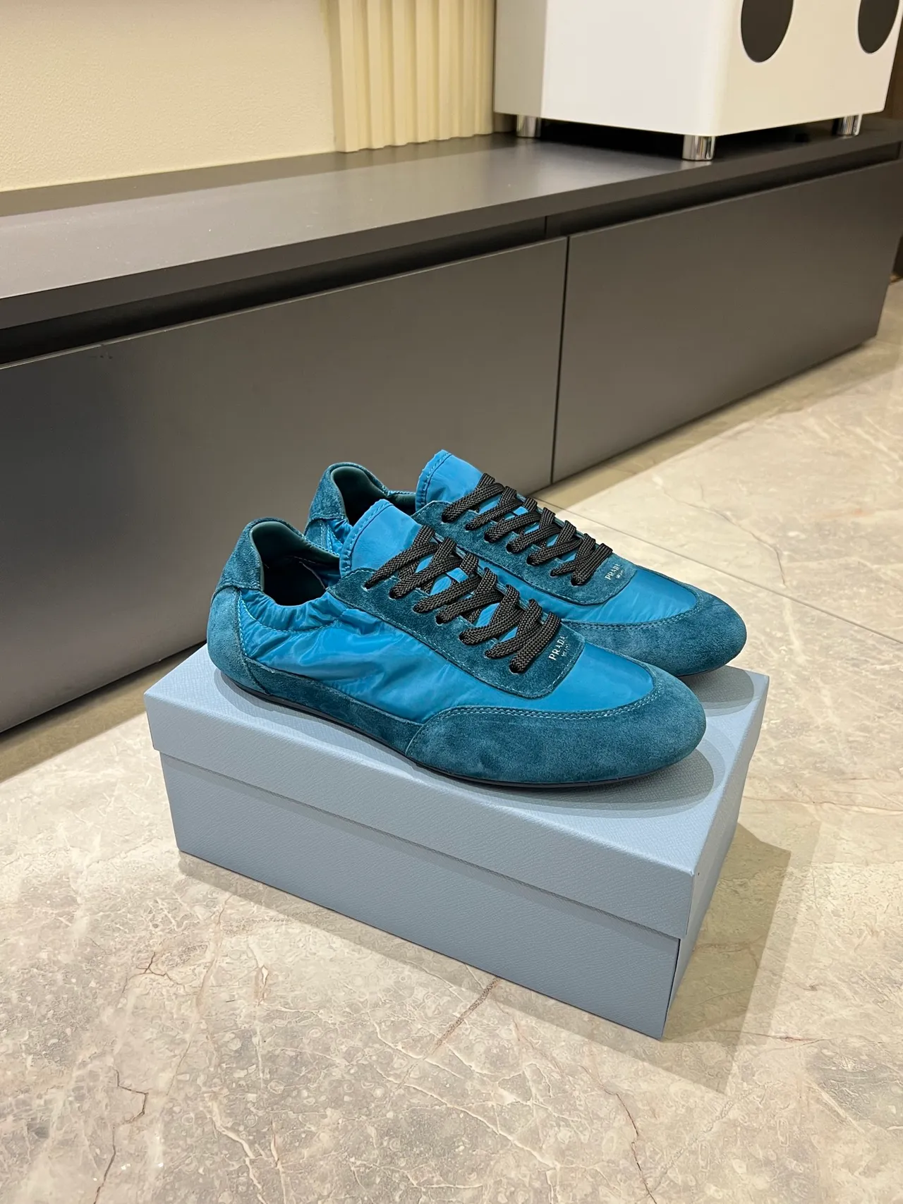 Prada Blue Black Mixed-Material Upper Suede And Nylon Paneling Lifestyle Sneakers