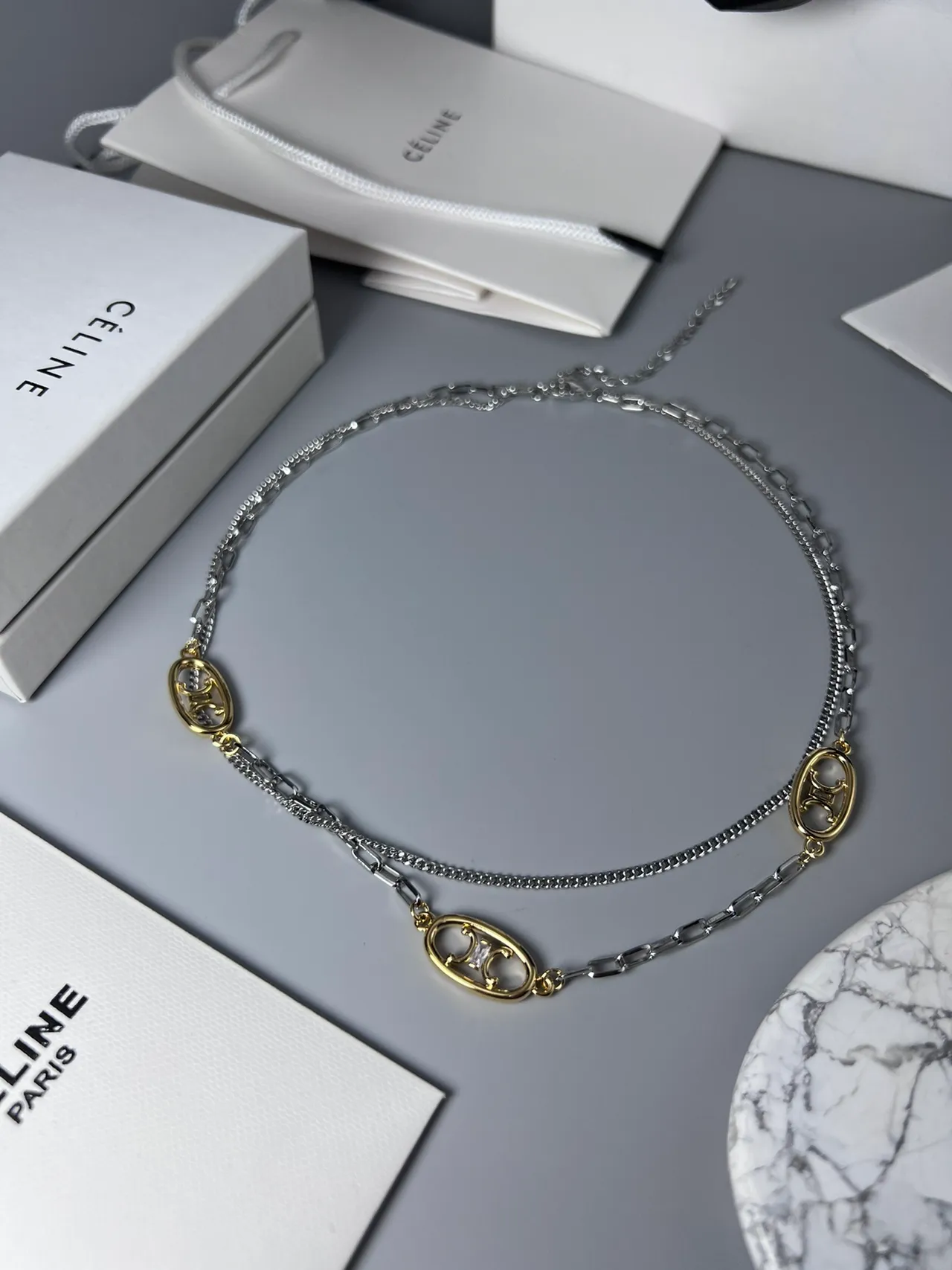 Celine Triomphe Silver Gold Double-Layer Chain Oval Logo Charms Necklace