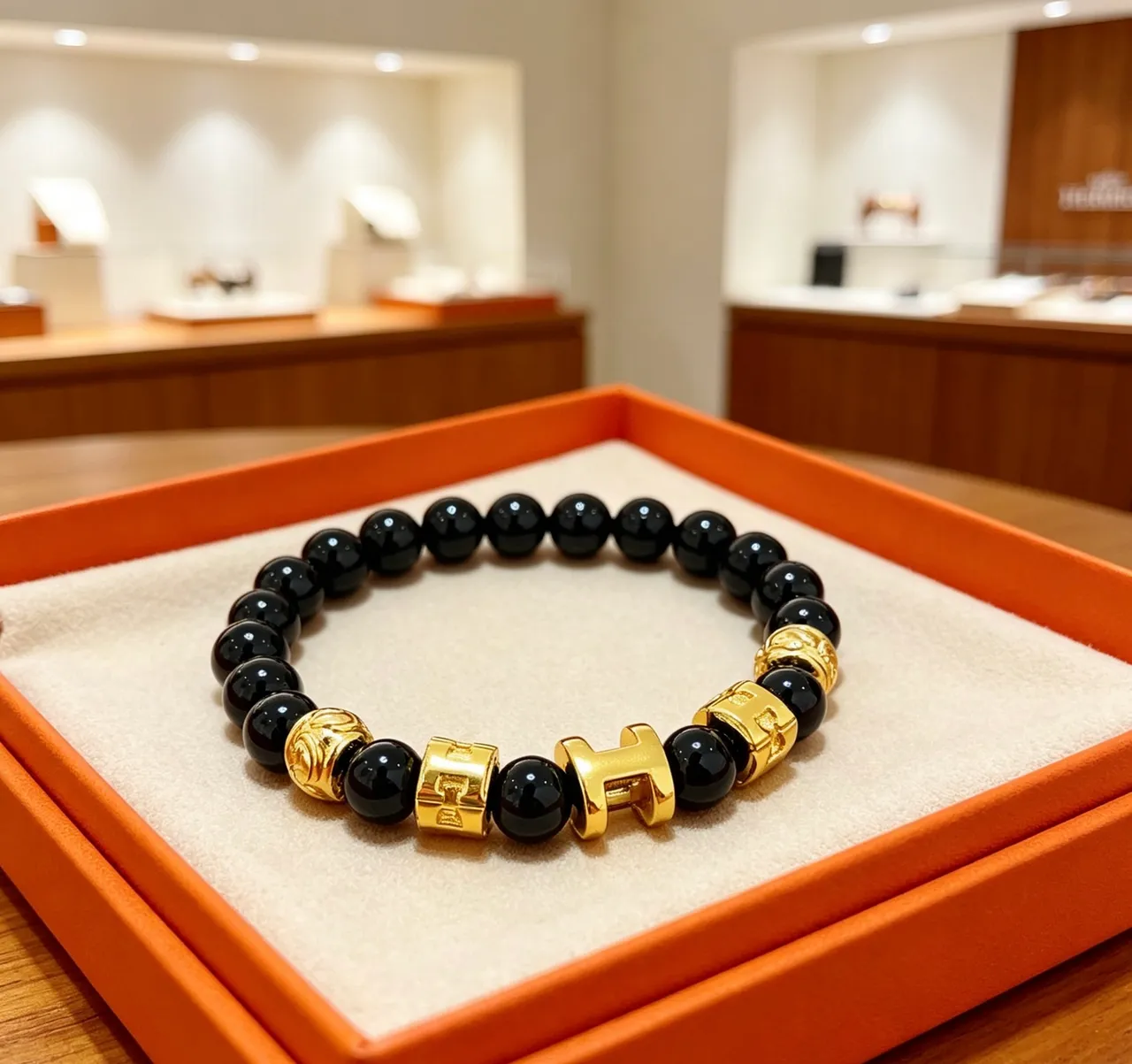 Hermès H Collection Black Onyx and Gold-Tone Beaded Bracelet